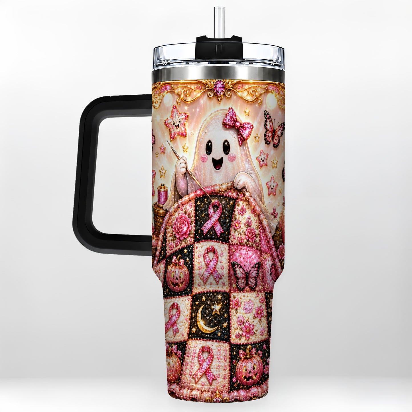 #pl[40oz|Black] Quilt Ghost 40oz Tumbler with Handle, Pink Halloween Travel Cup
