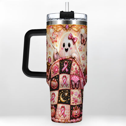 #pl[40oz|Black] Quilt Ghost 40oz Tumbler with Handle, Pink Halloween Travel Cup
