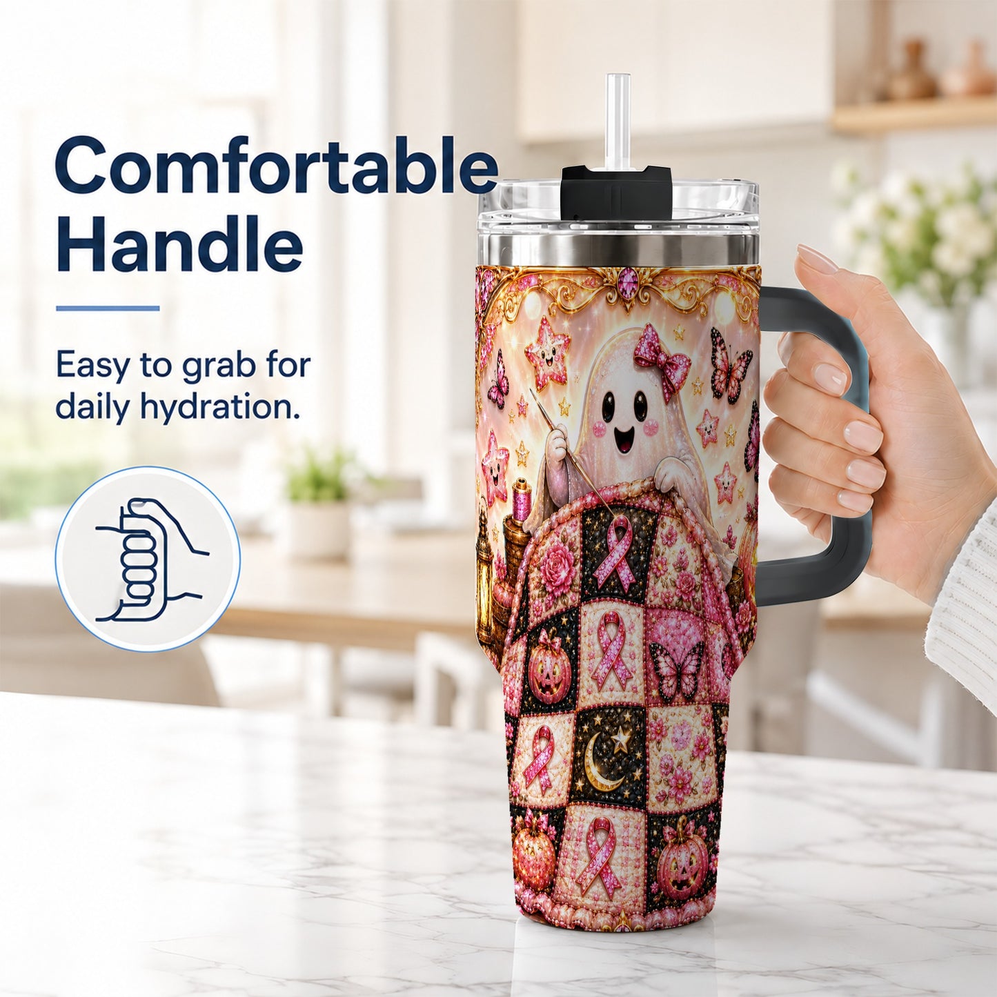 #pl[40oz|Black] Quilt Ghost 40oz Tumbler with Handle, Pink Halloween Travel Cup