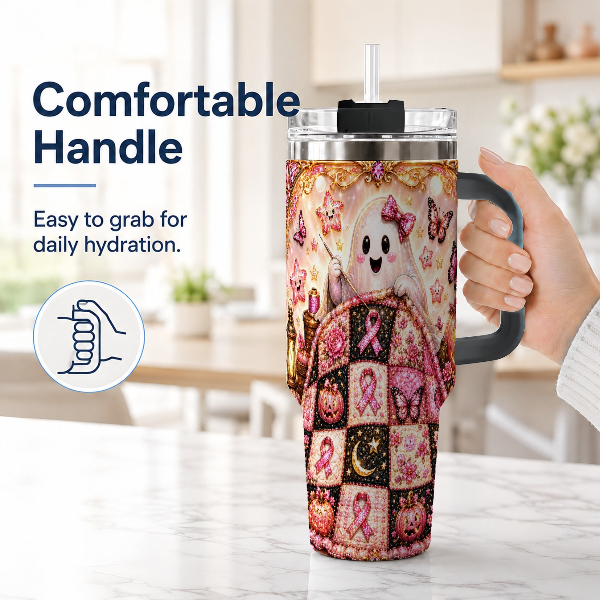 #pl[40oz|Black] Quilt Ghost 40oz Tumbler with Handle, Pink Halloween Travel Cup