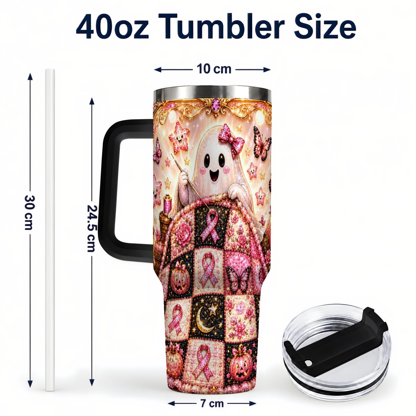 #pl[40oz|Black] Quilt Ghost 40oz Tumbler with Handle, Pink Halloween Travel Cup