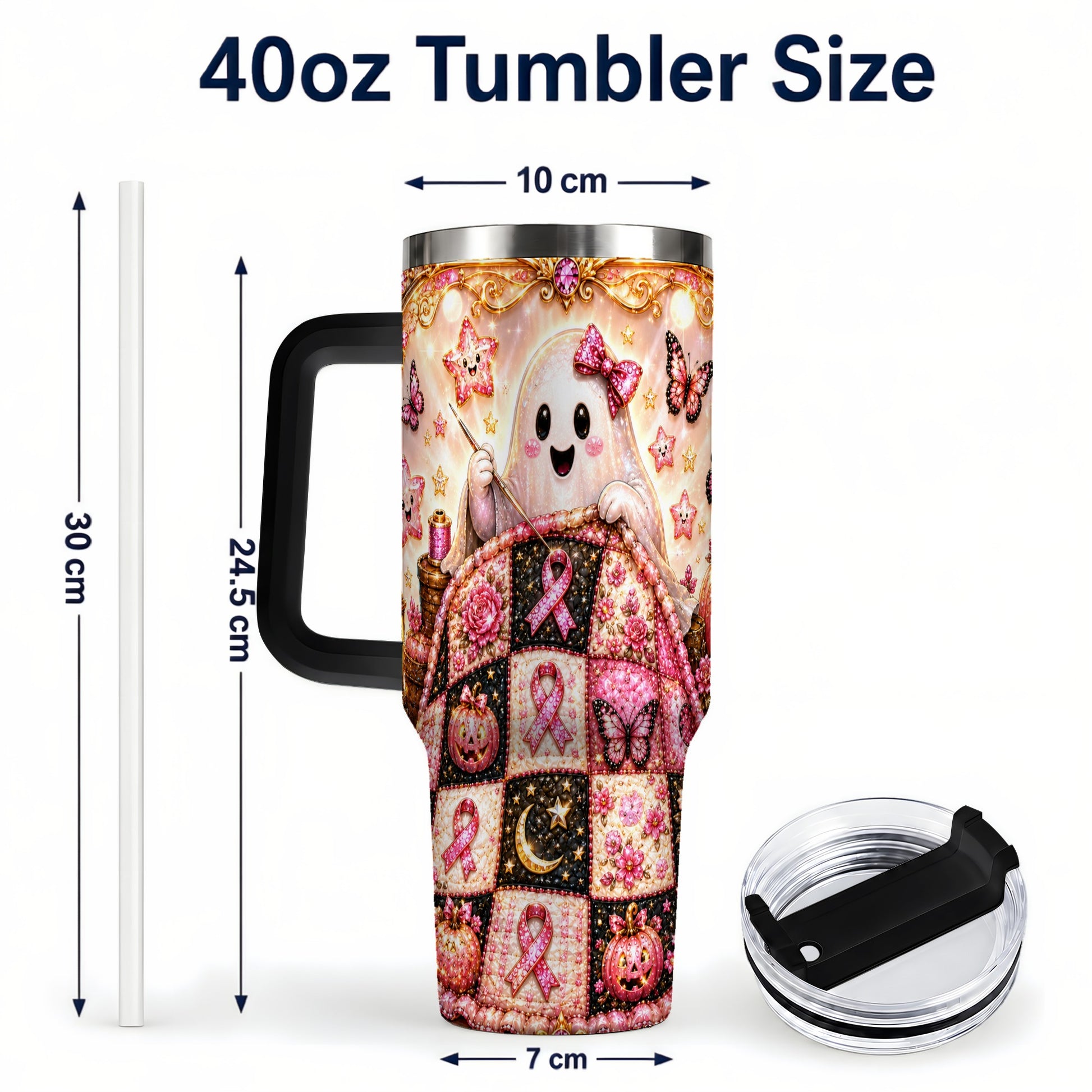 #pl[40oz|Black] Quilt Ghost 40oz Tumbler with Handle, Pink Halloween Travel Cup