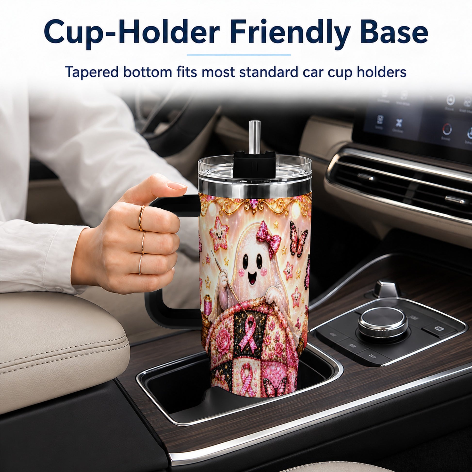 #pl[40oz|Black] Quilt Ghost 40oz Tumbler with Handle, Pink Halloween Travel Cup