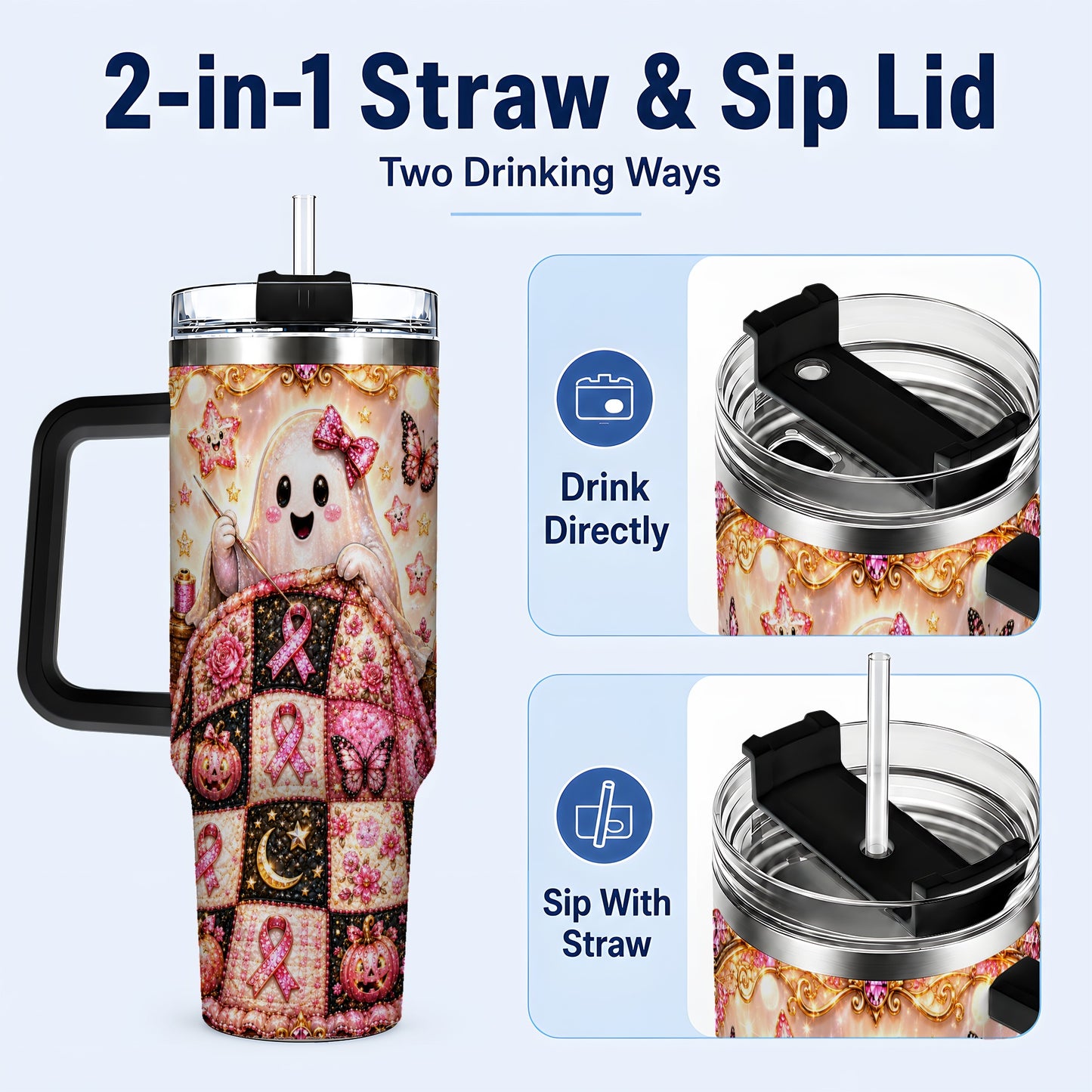 #pl[40oz|Black] Quilt Ghost 40oz Tumbler with Handle, Pink Halloween Travel Cup