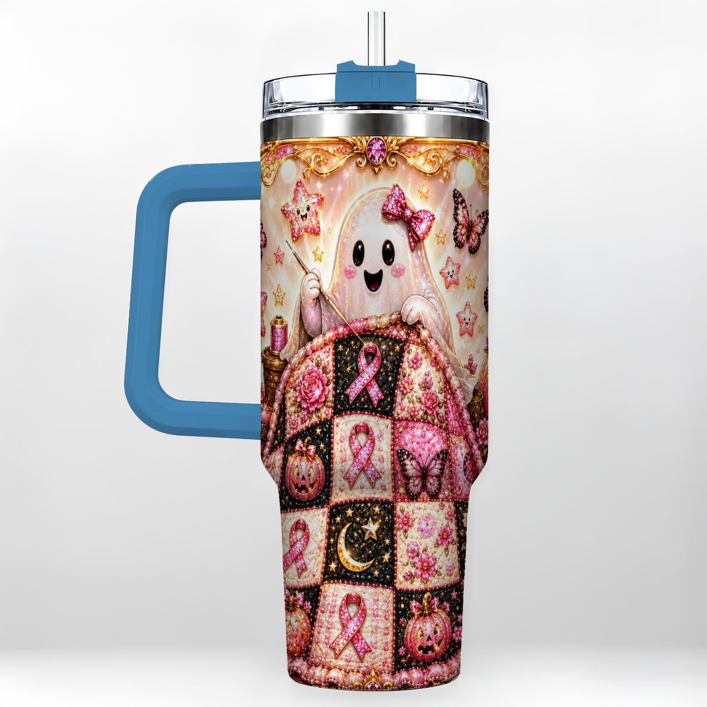 #pl[40oz|Blue] Quilt Ghost 40oz Tumbler with Handle, Pink Halloween Travel Cup