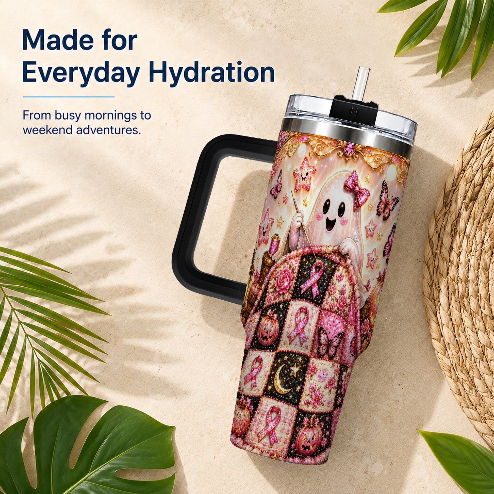 #pl[40oz|Black] Quilt Ghost 40oz Tumbler with Handle, Pink Halloween Travel Cup