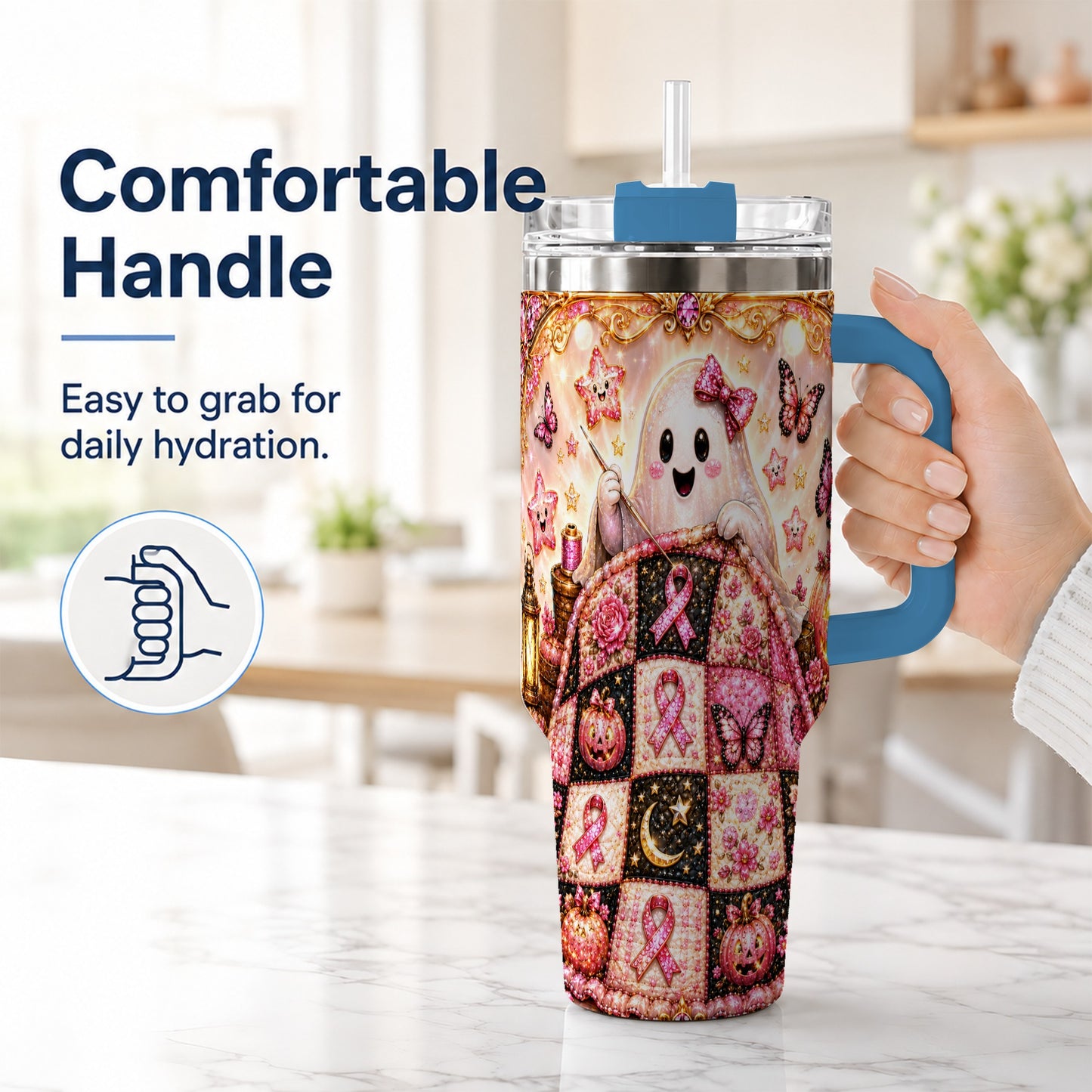 #pl[40oz|Blue] Quilt Ghost 40oz Tumbler with Handle, Pink Halloween Travel Cup