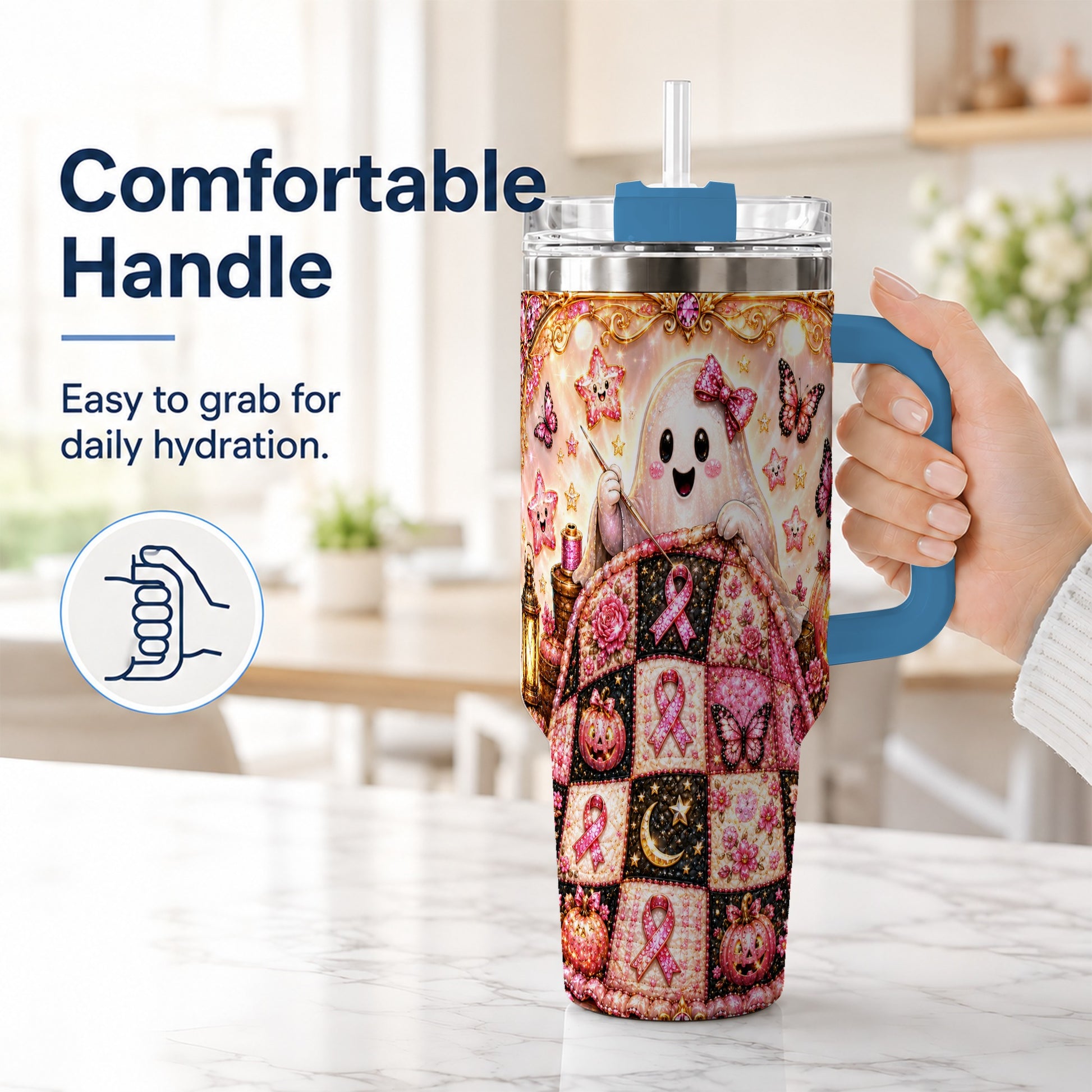 #pl[40oz|Blue] Quilt Ghost 40oz Tumbler with Handle, Pink Halloween Travel Cup