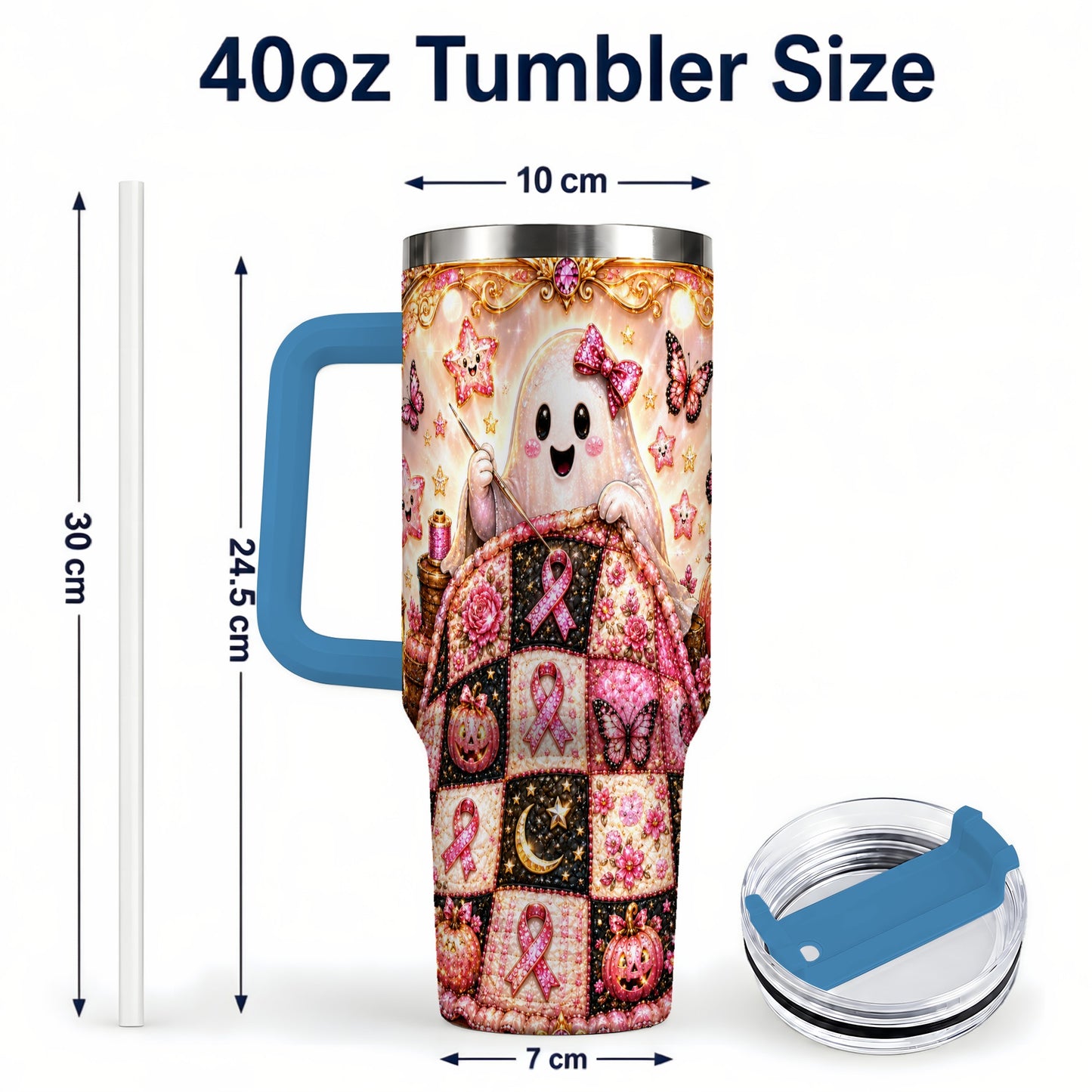 #pl[40oz|Blue] Quilt Ghost 40oz Tumbler with Handle, Pink Halloween Travel Cup