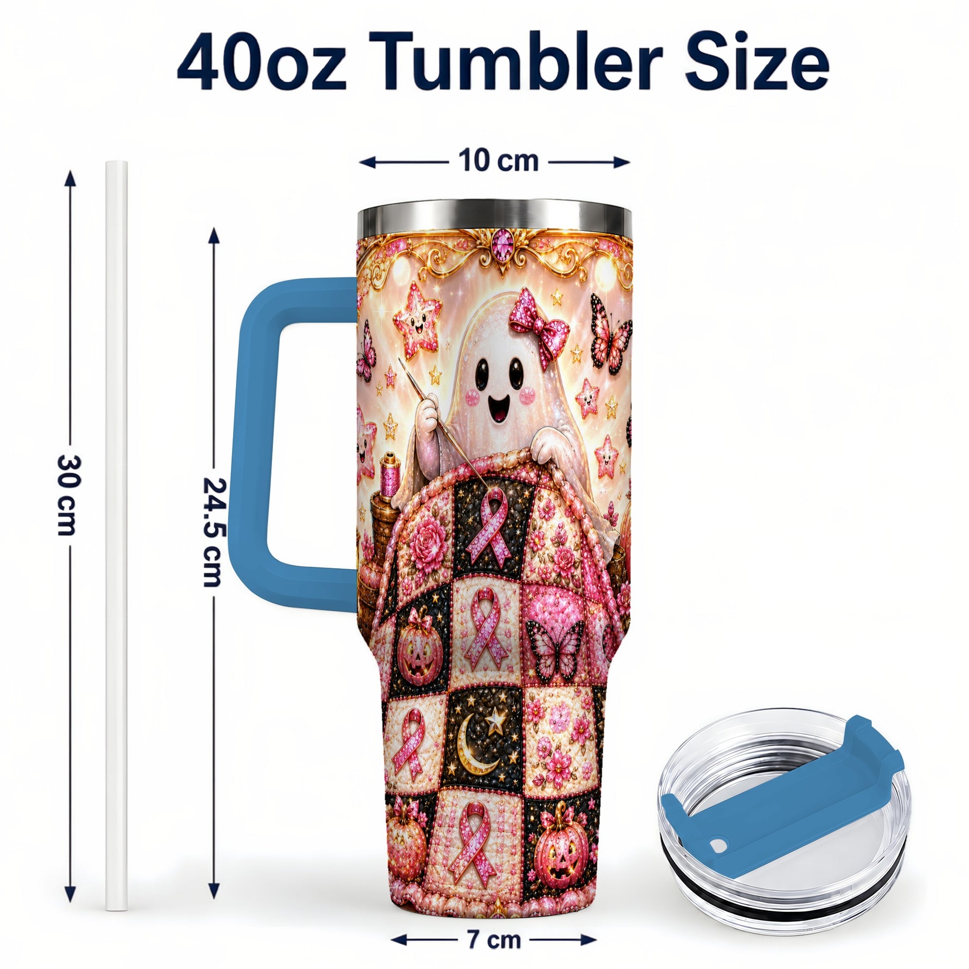#pl[40oz|Blue] Quilt Ghost 40oz Tumbler with Handle, Pink Halloween Travel Cup