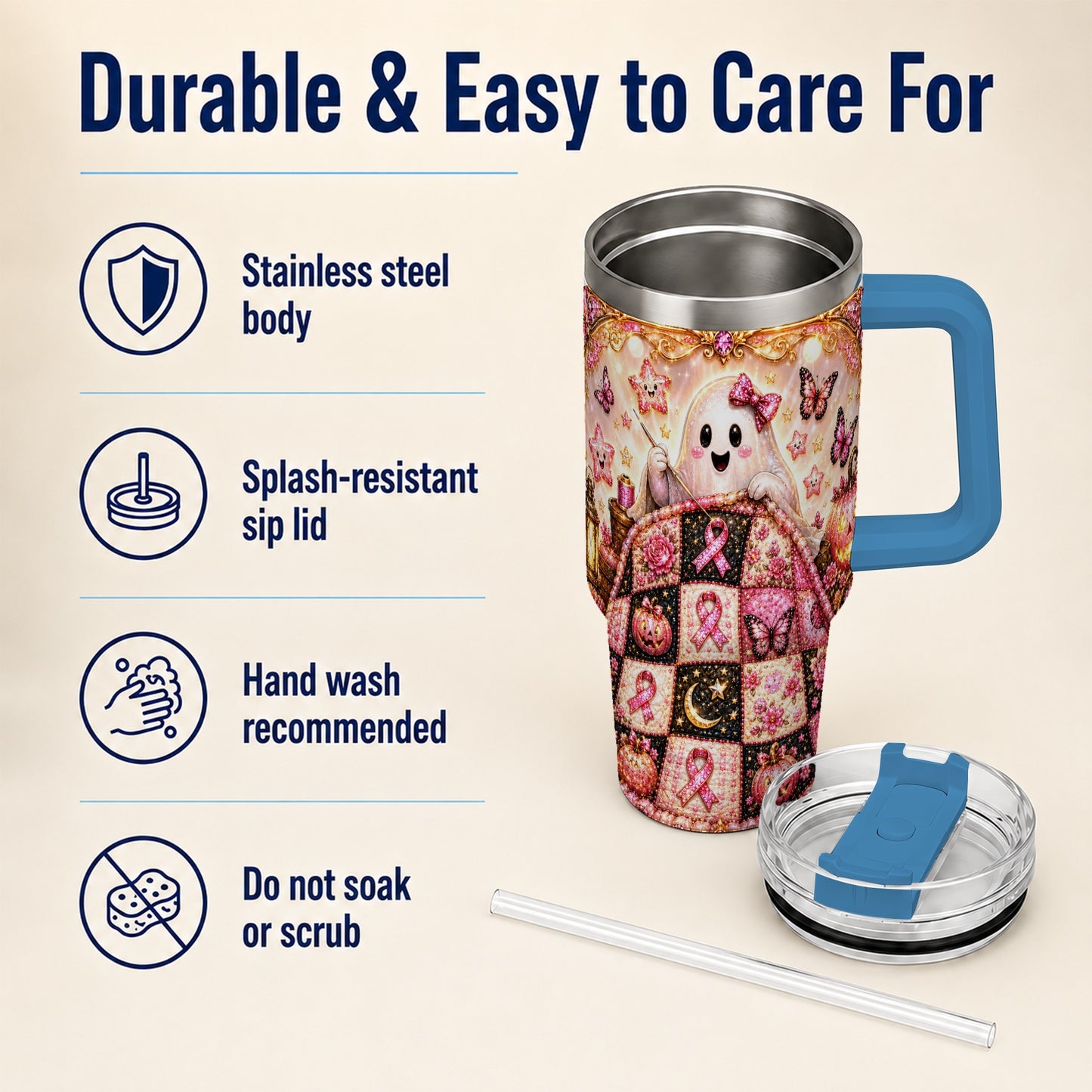 #pl[40oz|Blue] Quilt Ghost 40oz Tumbler with Handle, Pink Halloween Travel Cup