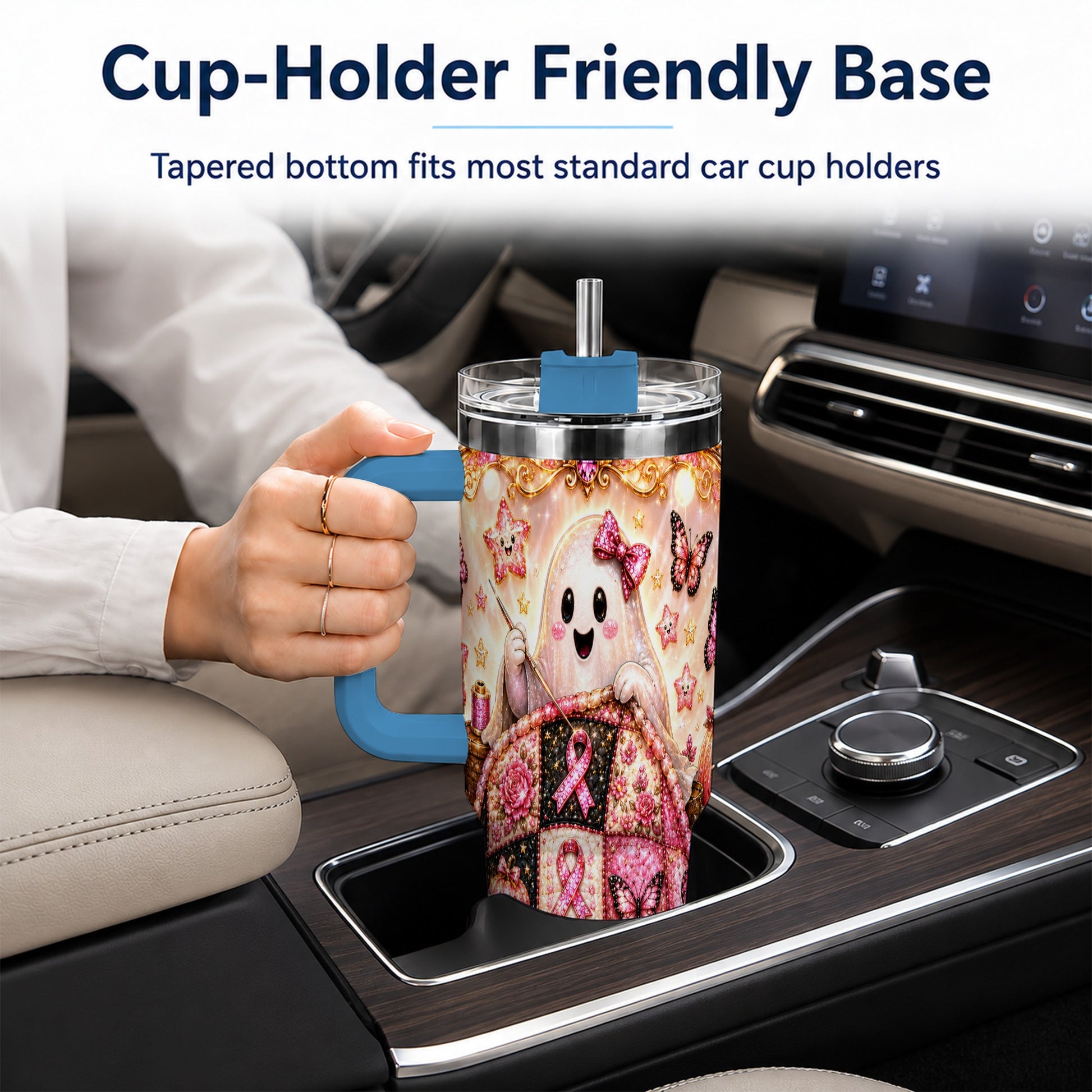 #pl[40oz|Blue] Quilt Ghost 40oz Tumbler with Handle, Pink Halloween Travel Cup