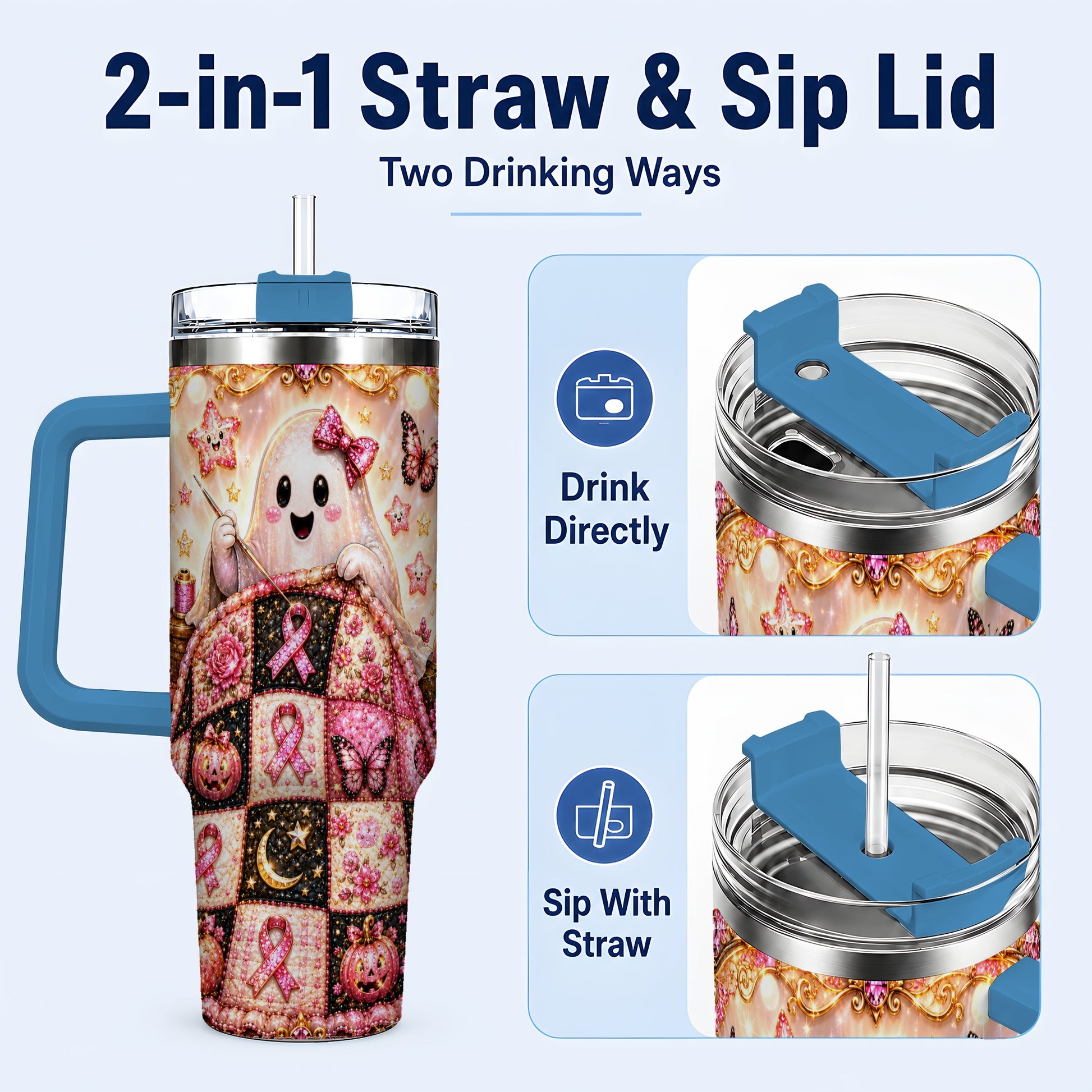 #pl[40oz|Blue] Quilt Ghost 40oz Tumbler with Handle, Pink Halloween Travel Cup