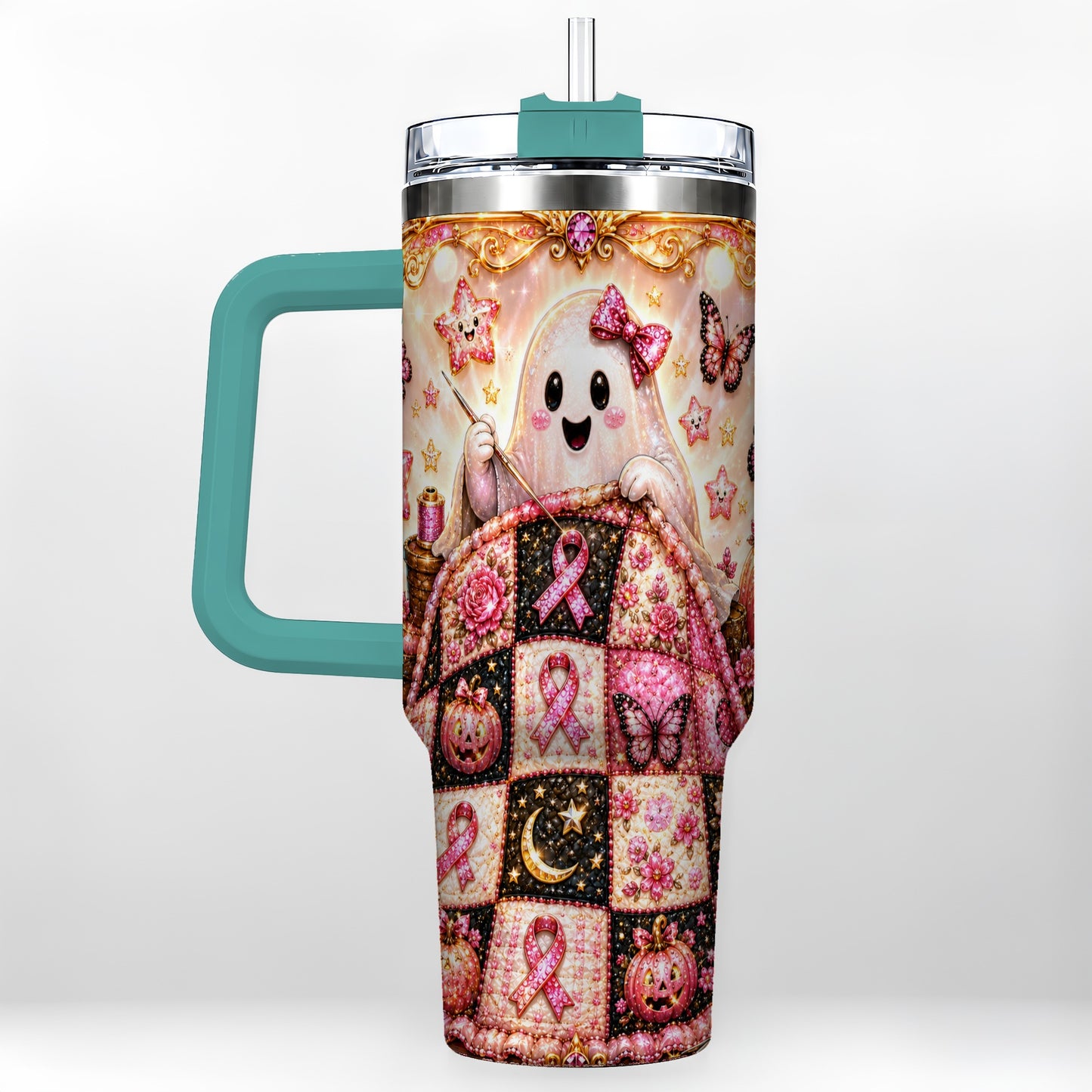 #pl[40oz|Green] Quilt Ghost 40oz Tumbler with Handle, Pink Halloween Travel Cup