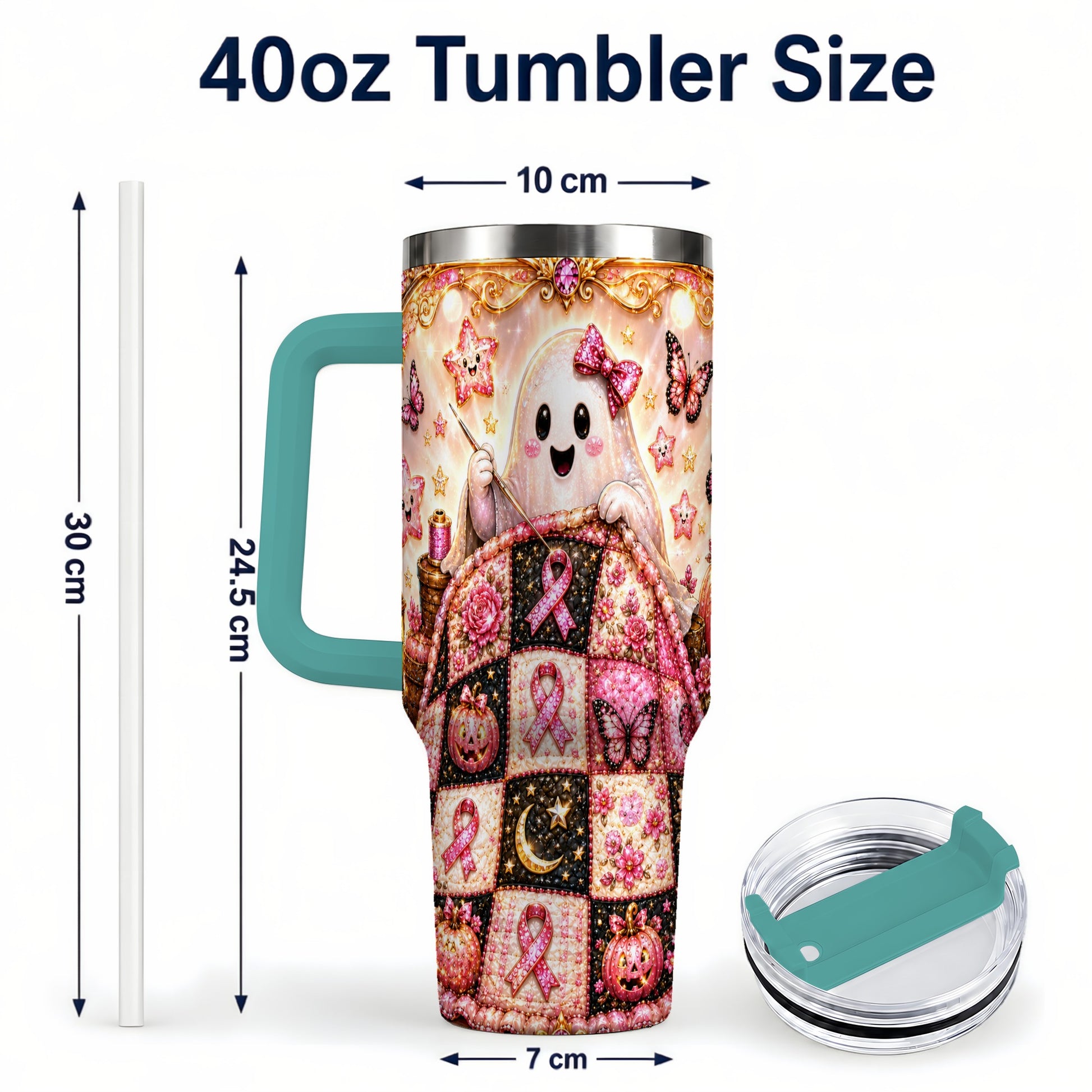 #pl[40oz|Green] Quilt Ghost 40oz Tumbler with Handle, Pink Halloween Travel Cup