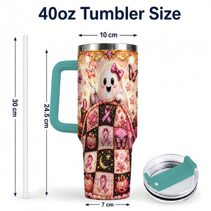 #pl[40oz|Green] Quilt Ghost 40oz Tumbler with Handle, Pink Halloween Travel Cup