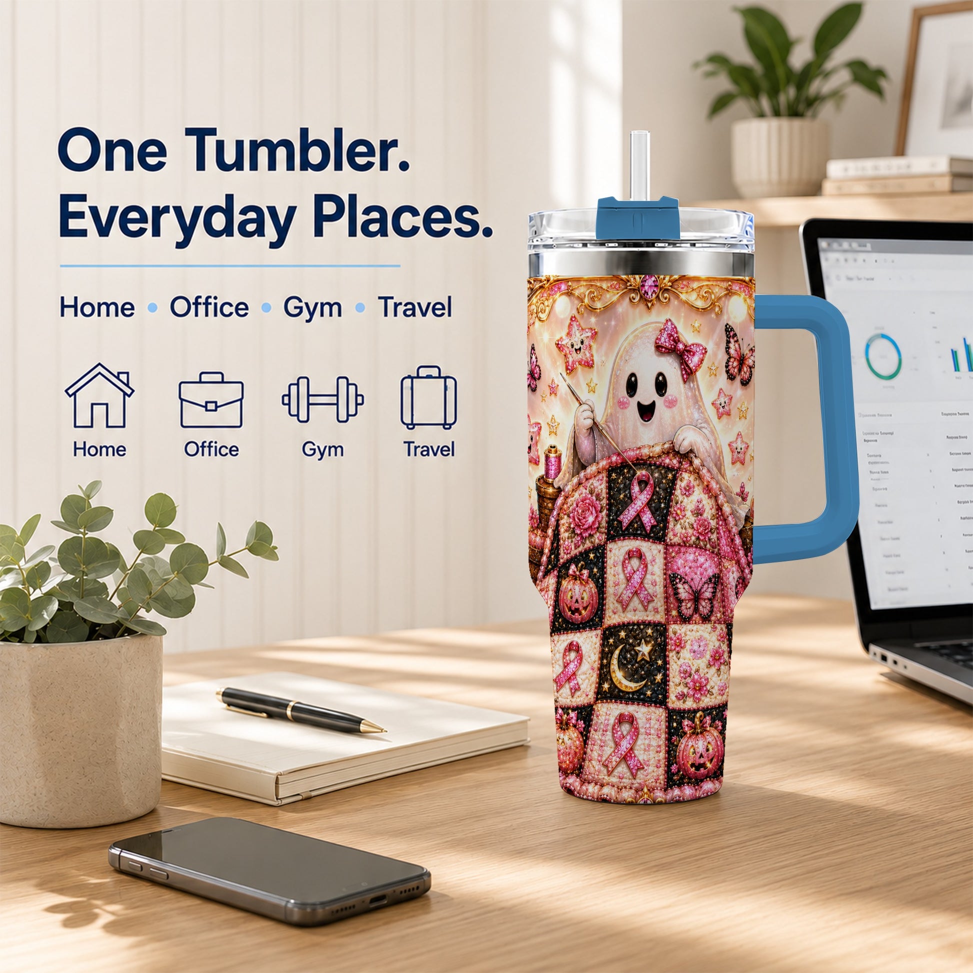 #pl[40oz|Blue] Quilt Ghost 40oz Tumbler with Handle, Pink Halloween Travel Cup