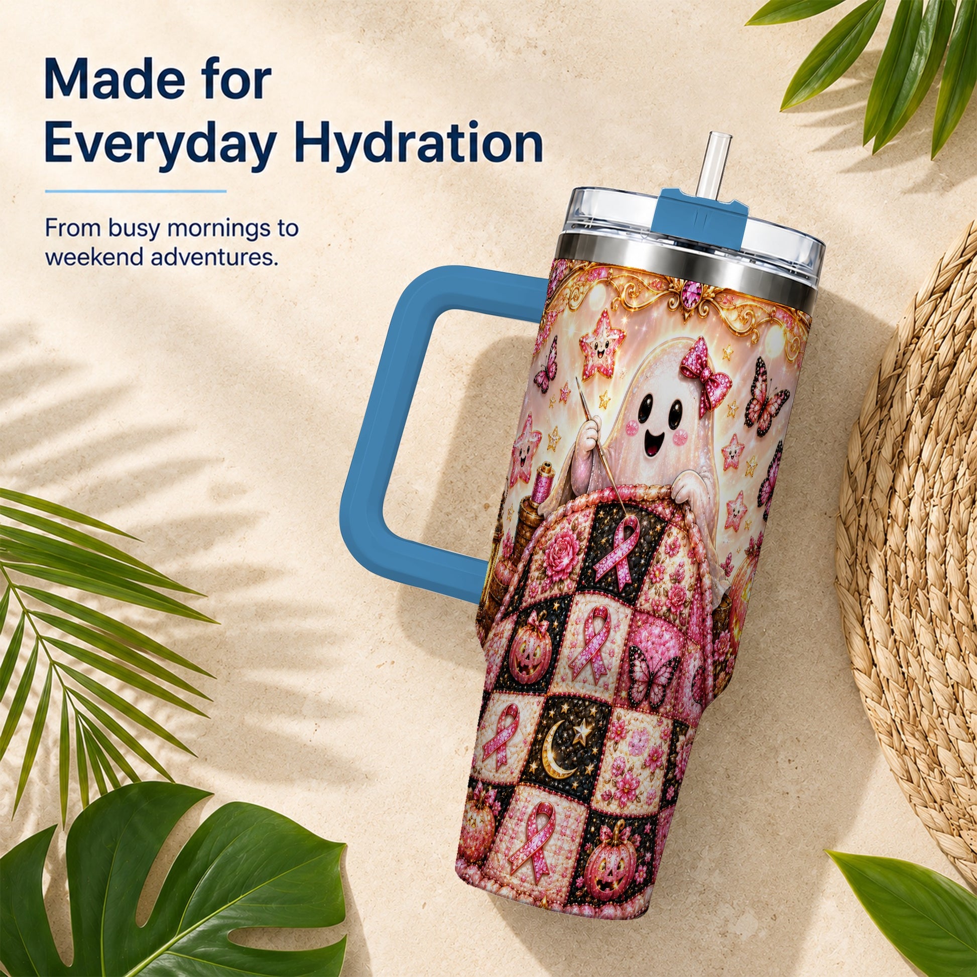 #pl[40oz|Blue] Quilt Ghost 40oz Tumbler with Handle, Pink Halloween Travel Cup