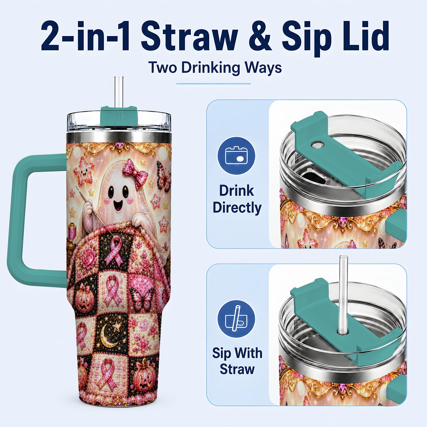 #pl[40oz|Green] Quilt Ghost 40oz Tumbler with Handle, Pink Halloween Travel Cup