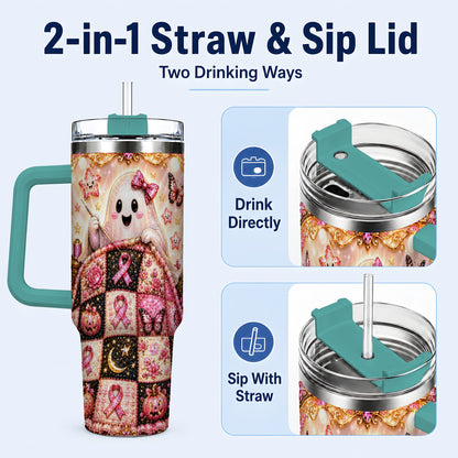 #pl[40oz|Green] Quilt Ghost 40oz Tumbler with Handle, Pink Halloween Travel Cup