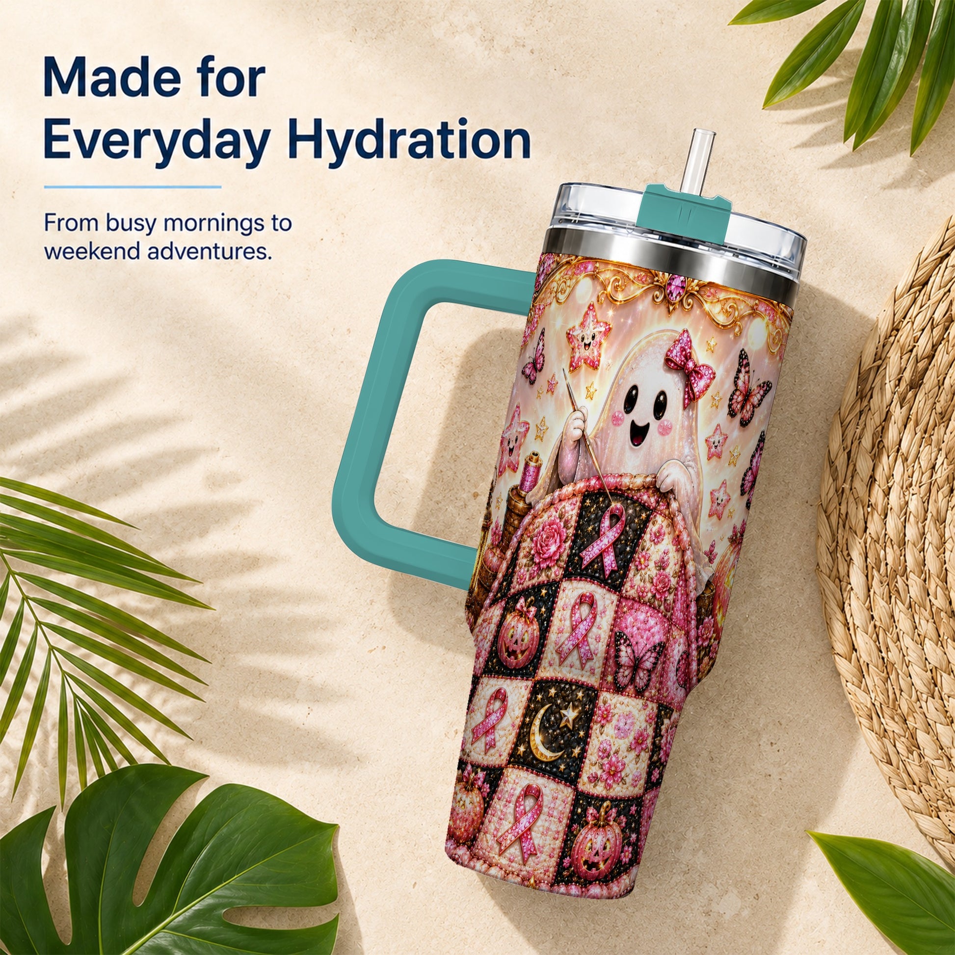 #pl[40oz|Green] Quilt Ghost 40oz Tumbler with Handle, Pink Halloween Travel Cup