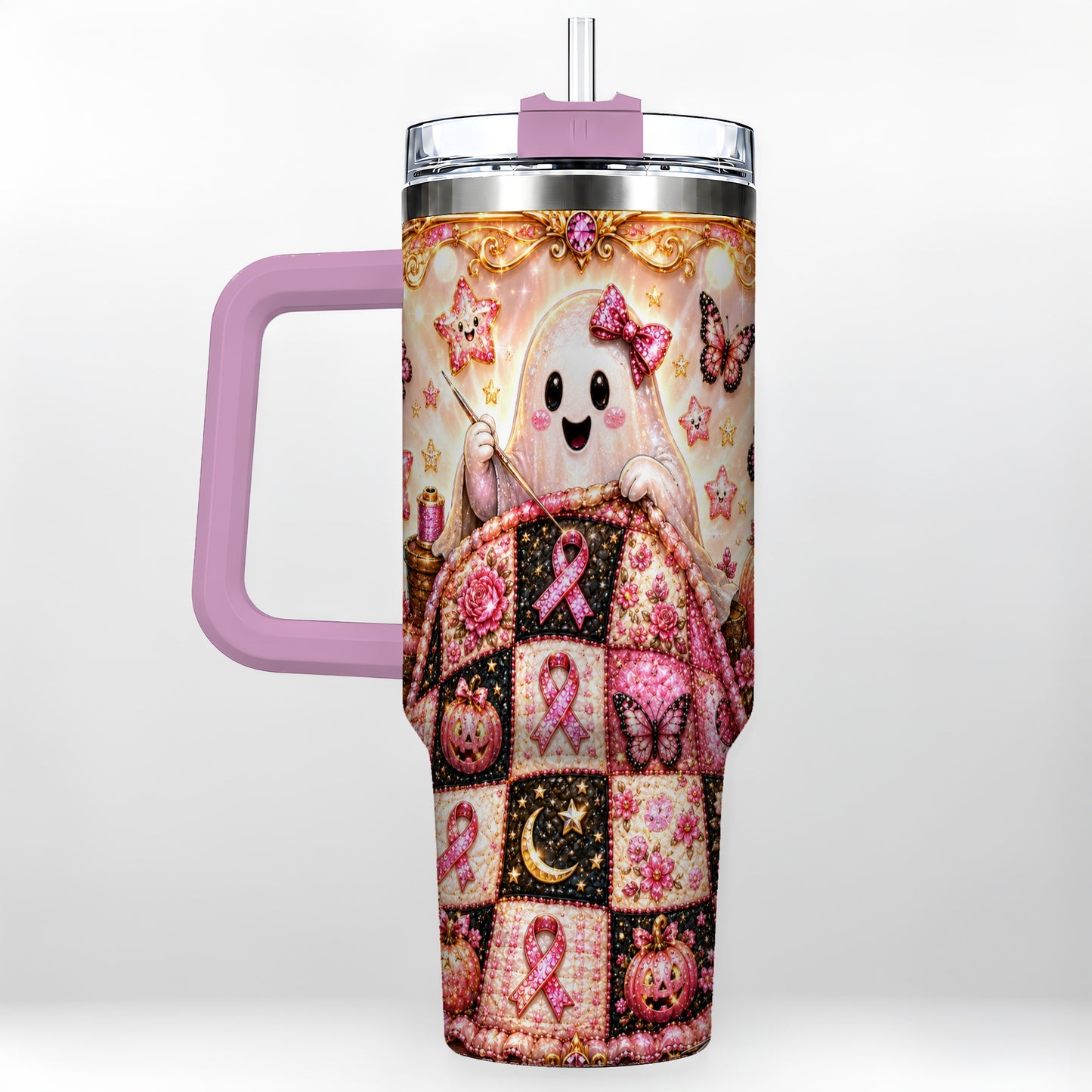 #pl[40oz|Pink] Quilt Ghost 40oz Tumbler with Handle, Pink Halloween Travel Cup