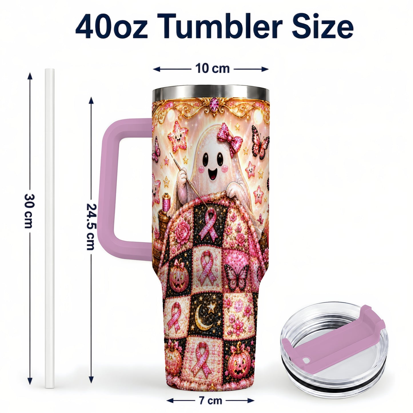 #pl[40oz|Pink] Quilt Ghost 40oz Tumbler with Handle, Pink Halloween Travel Cup