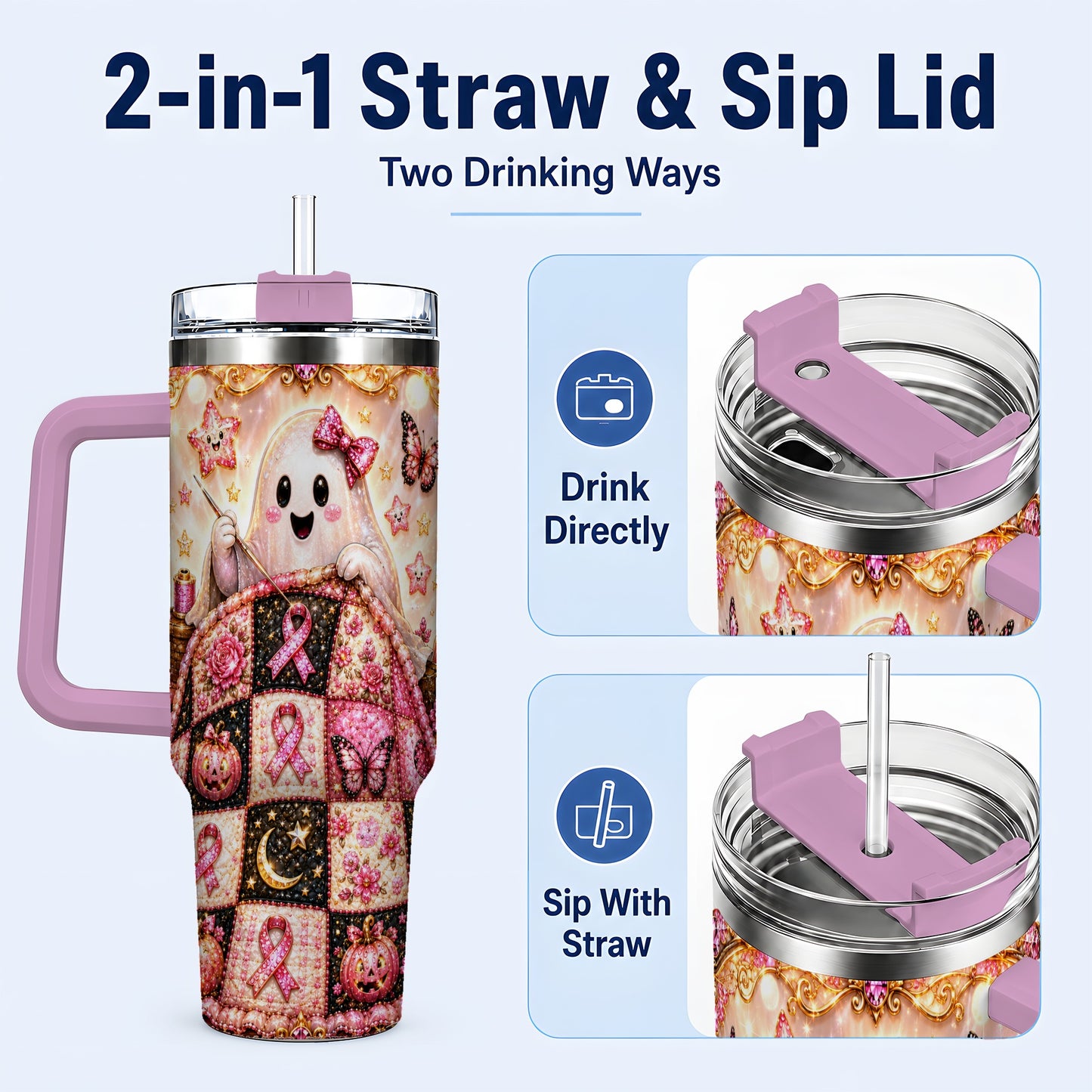 #pl[40oz|Pink] Quilt Ghost 40oz Tumbler with Handle, Pink Halloween Travel Cup