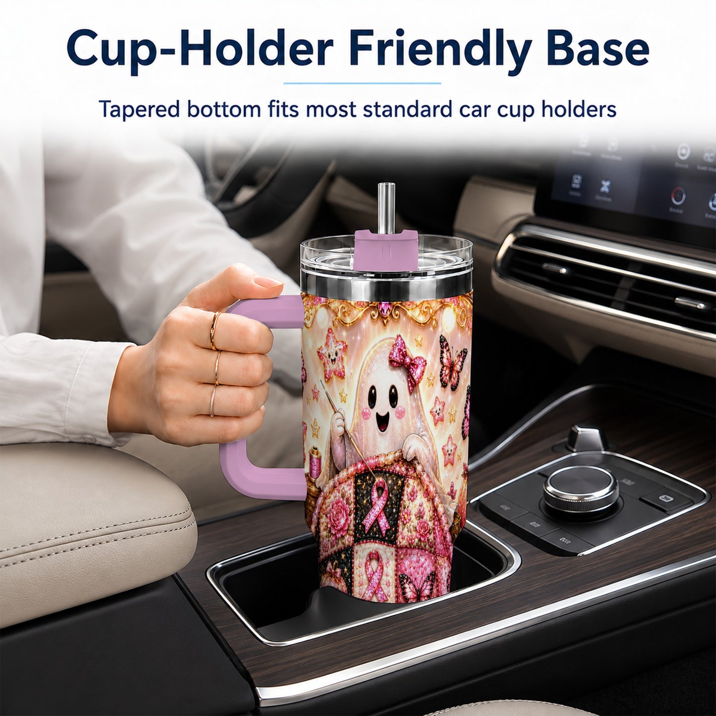 #pl[40oz|Pink] Quilt Ghost 40oz Tumbler with Handle, Pink Halloween Travel Cup