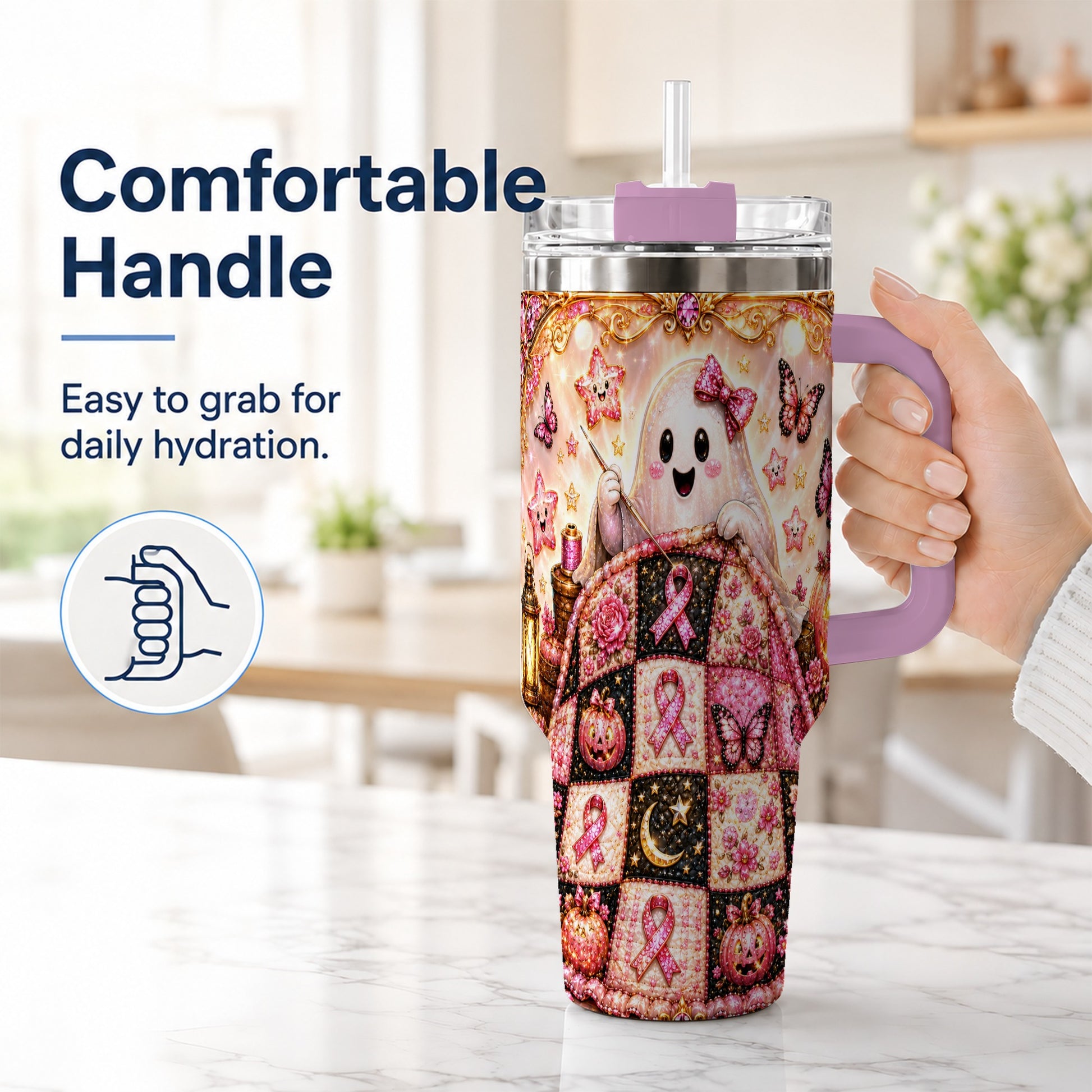 #pl[40oz|Pink] Quilt Ghost 40oz Tumbler with Handle, Pink Halloween Travel Cup