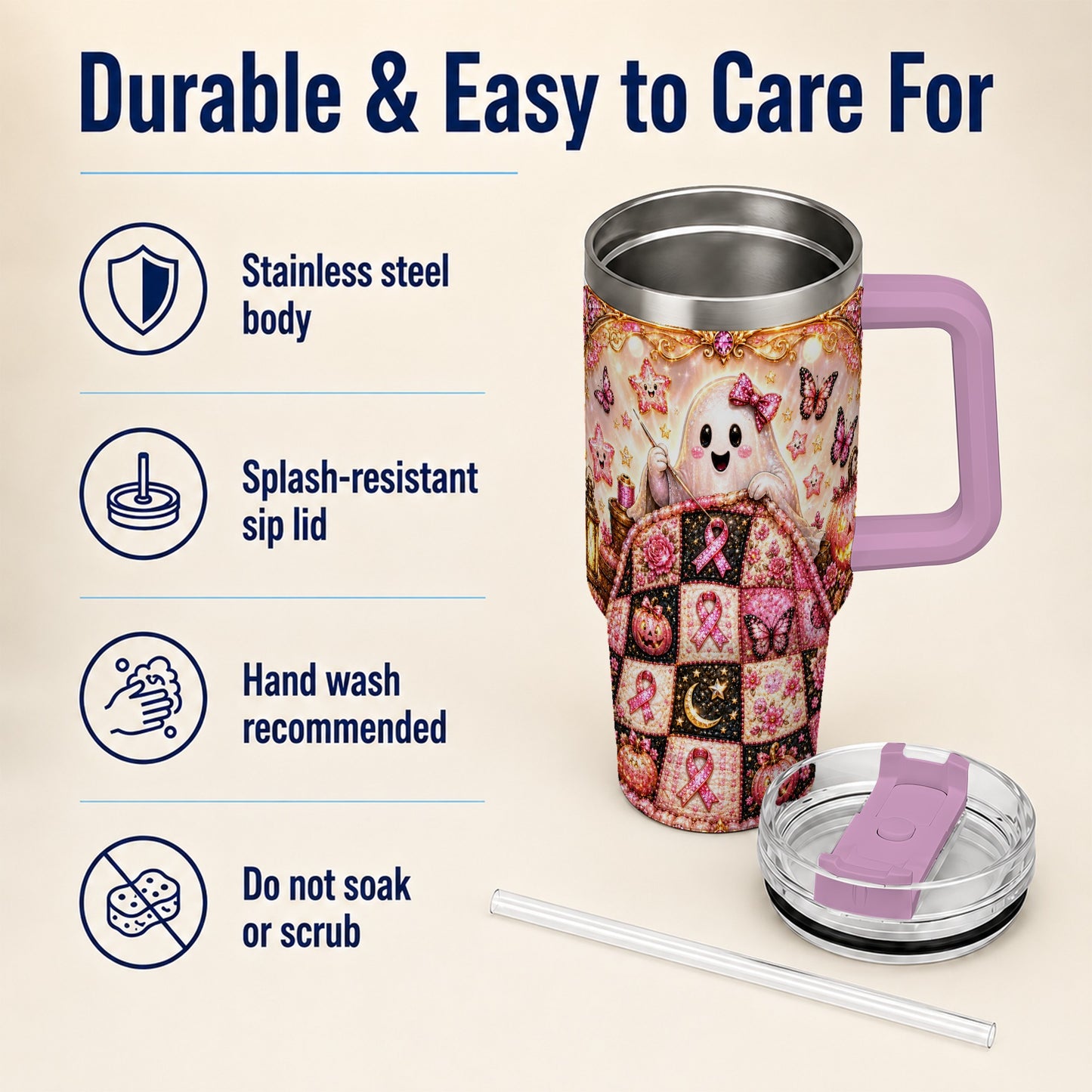 #pl[40oz|Pink] Quilt Ghost 40oz Tumbler with Handle, Pink Halloween Travel Cup