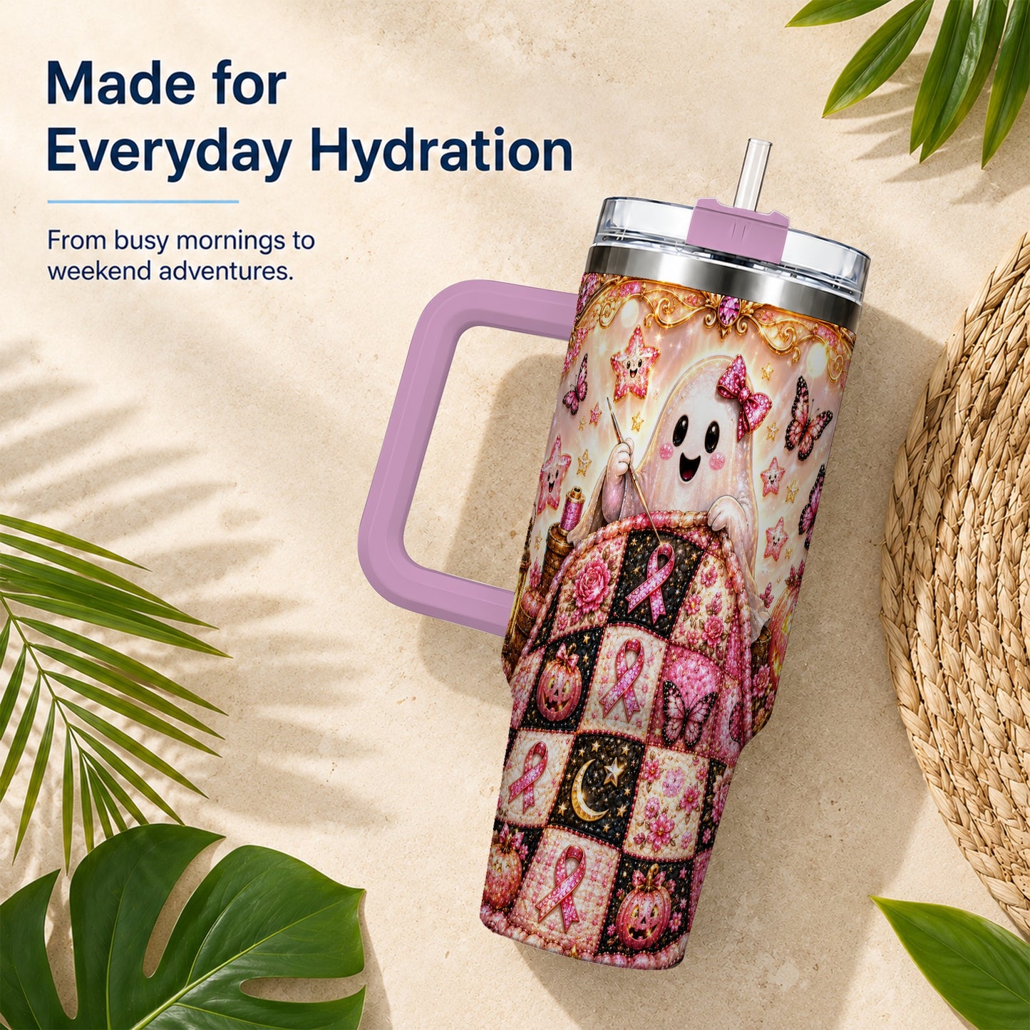 #pl[40oz|Pink] Quilt Ghost 40oz Tumbler with Handle, Pink Halloween Travel Cup