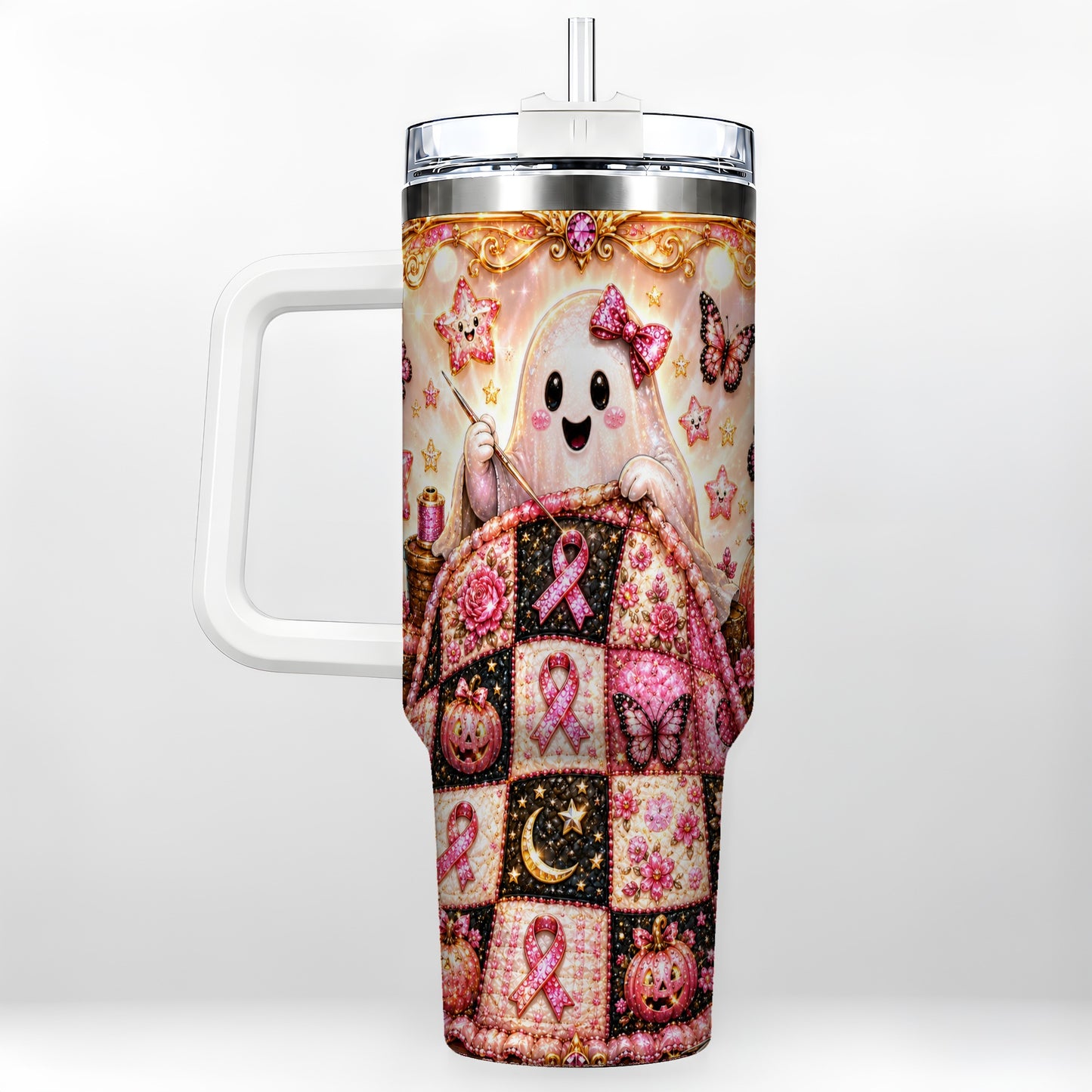 #pl[40oz|White] Quilt Ghost 40oz Tumbler with Handle, Pink Halloween Travel Cup