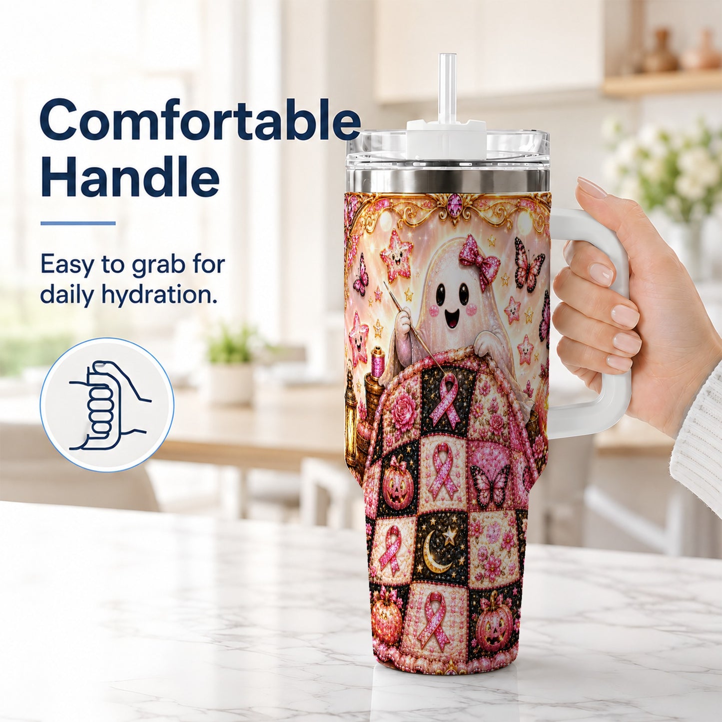#pl[40oz|White] Quilt Ghost 40oz Tumbler with Handle, Pink Halloween Travel Cup