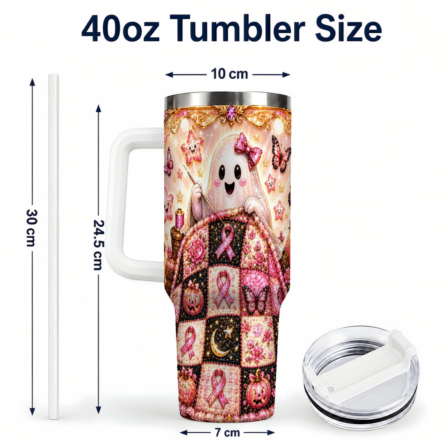 #pl[40oz|White] Quilt Ghost 40oz Tumbler with Handle, Pink Halloween Travel Cup