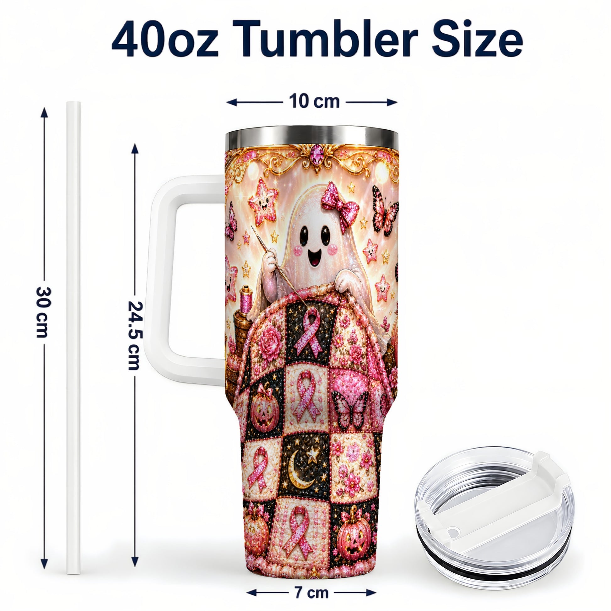 #pl[40oz|White] Quilt Ghost 40oz Tumbler with Handle, Pink Halloween Travel Cup