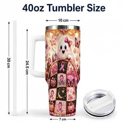 #pl[40oz|White] Quilt Ghost 40oz Tumbler with Handle, Pink Halloween Travel Cup