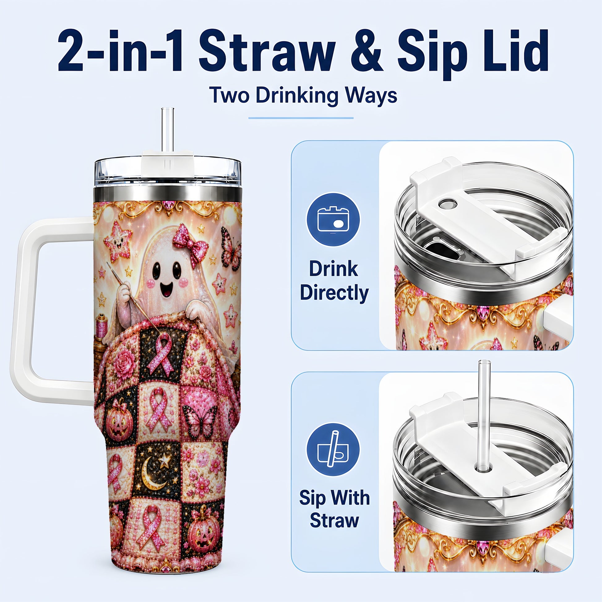 #pl[40oz|White] Quilt Ghost 40oz Tumbler with Handle, Pink Halloween Travel Cup