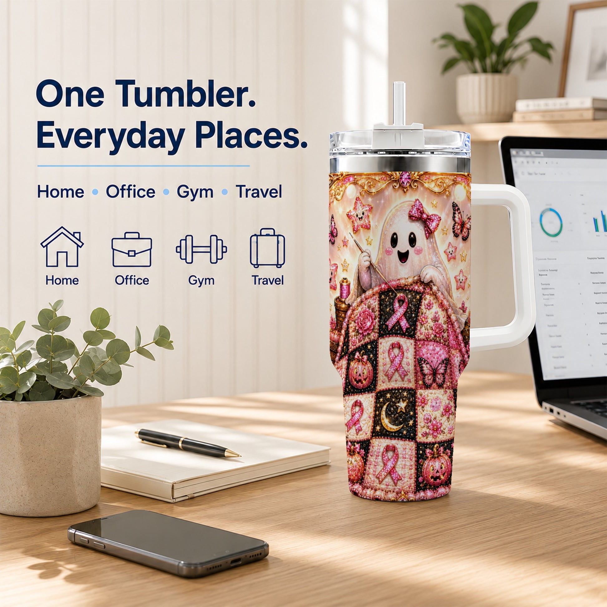 #pl[40oz|White] Quilt Ghost 40oz Tumbler with Handle, Pink Halloween Travel Cup