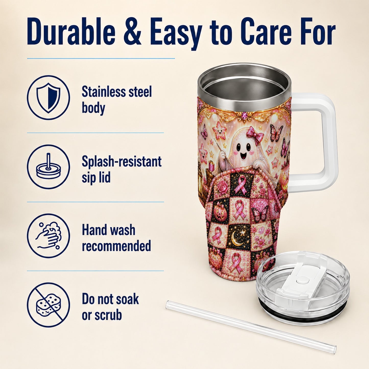 #pl[40oz|White] Quilt Ghost 40oz Tumbler with Handle, Pink Halloween Travel Cup