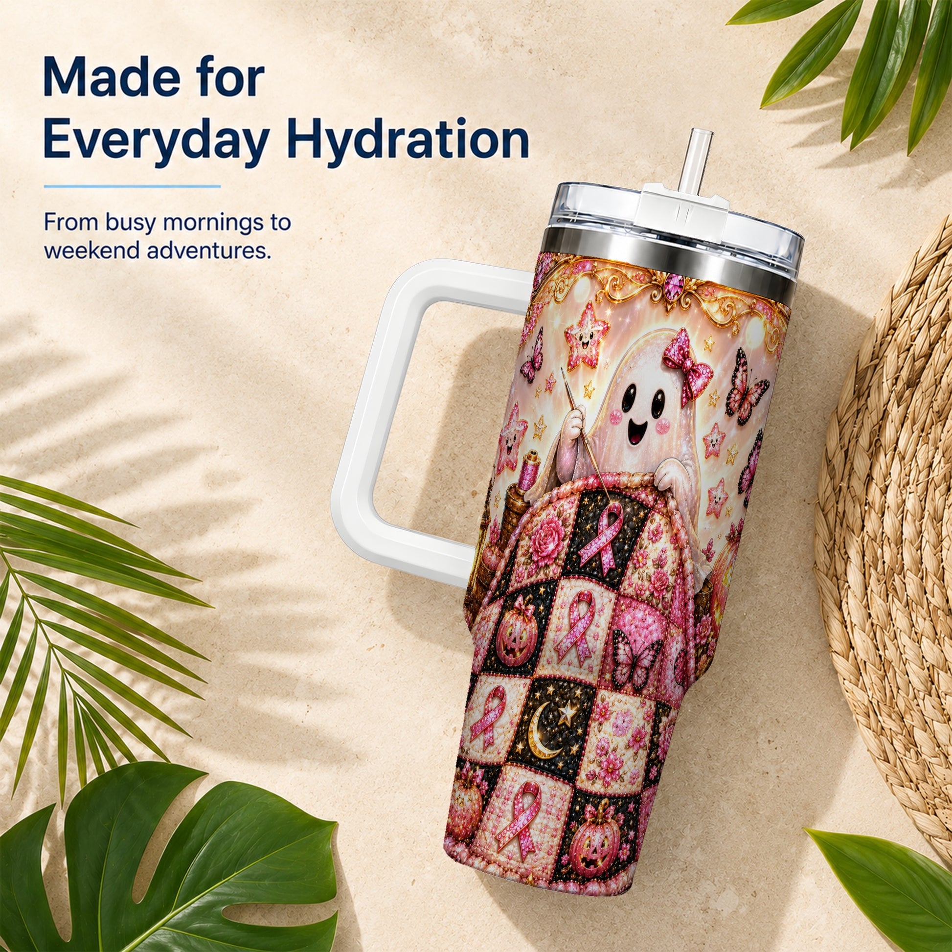 #pl[40oz|White] Quilt Ghost 40oz Tumbler with Handle, Pink Halloween Travel Cup