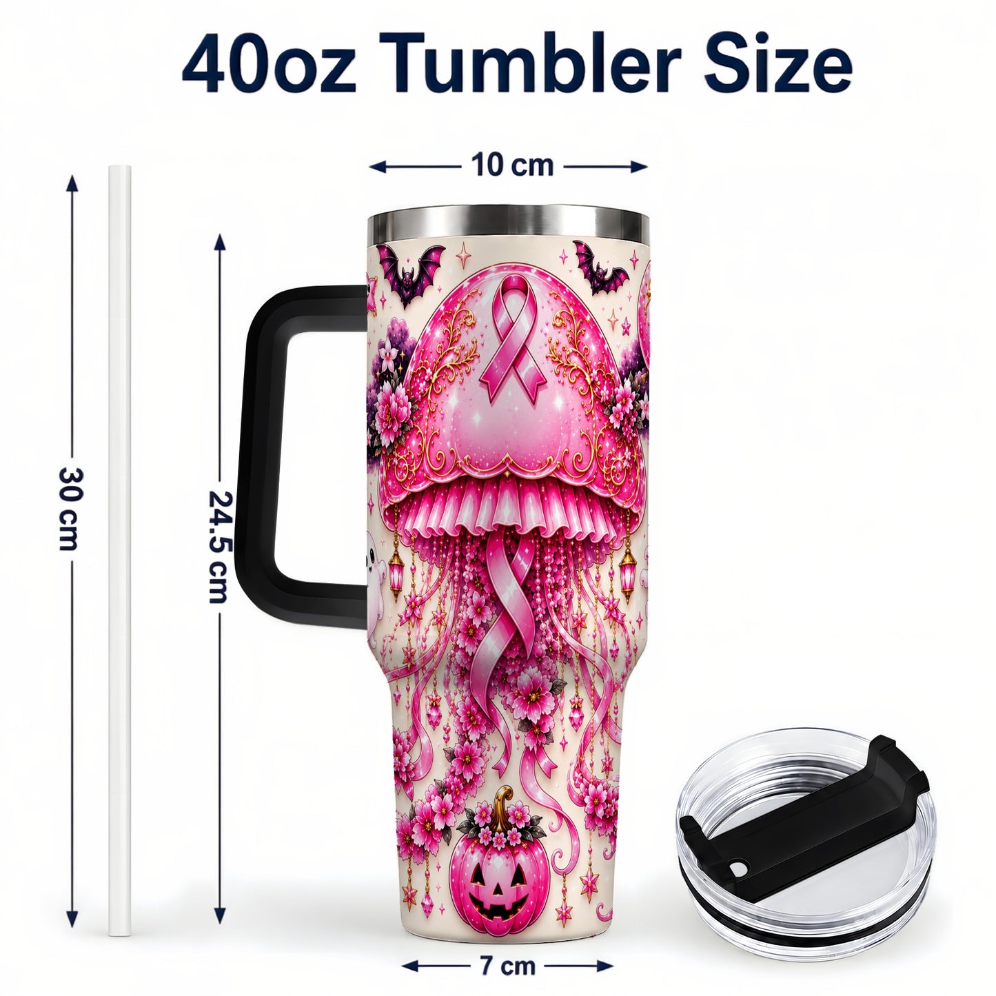 #pl[40oz|Black] Pink Ribbon 40oz Tumbler with Handle, Halloween Stainless Steel Travel Cup