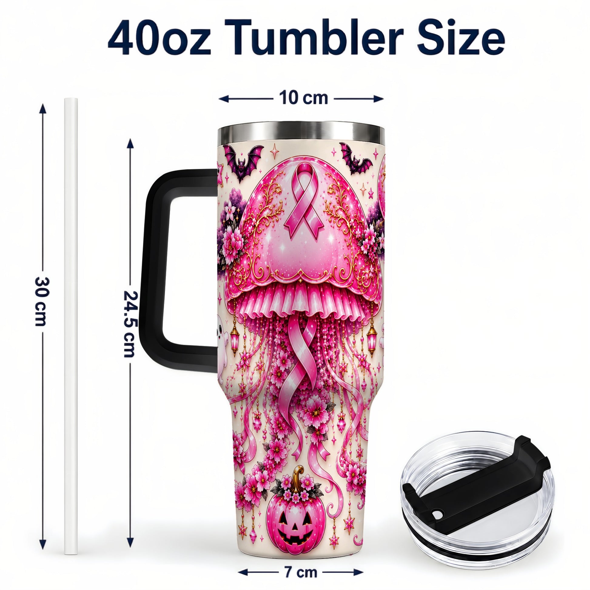 #pl[40oz|Black] Pink Ribbon 40oz Tumbler with Handle, Halloween Stainless Steel Travel Cup