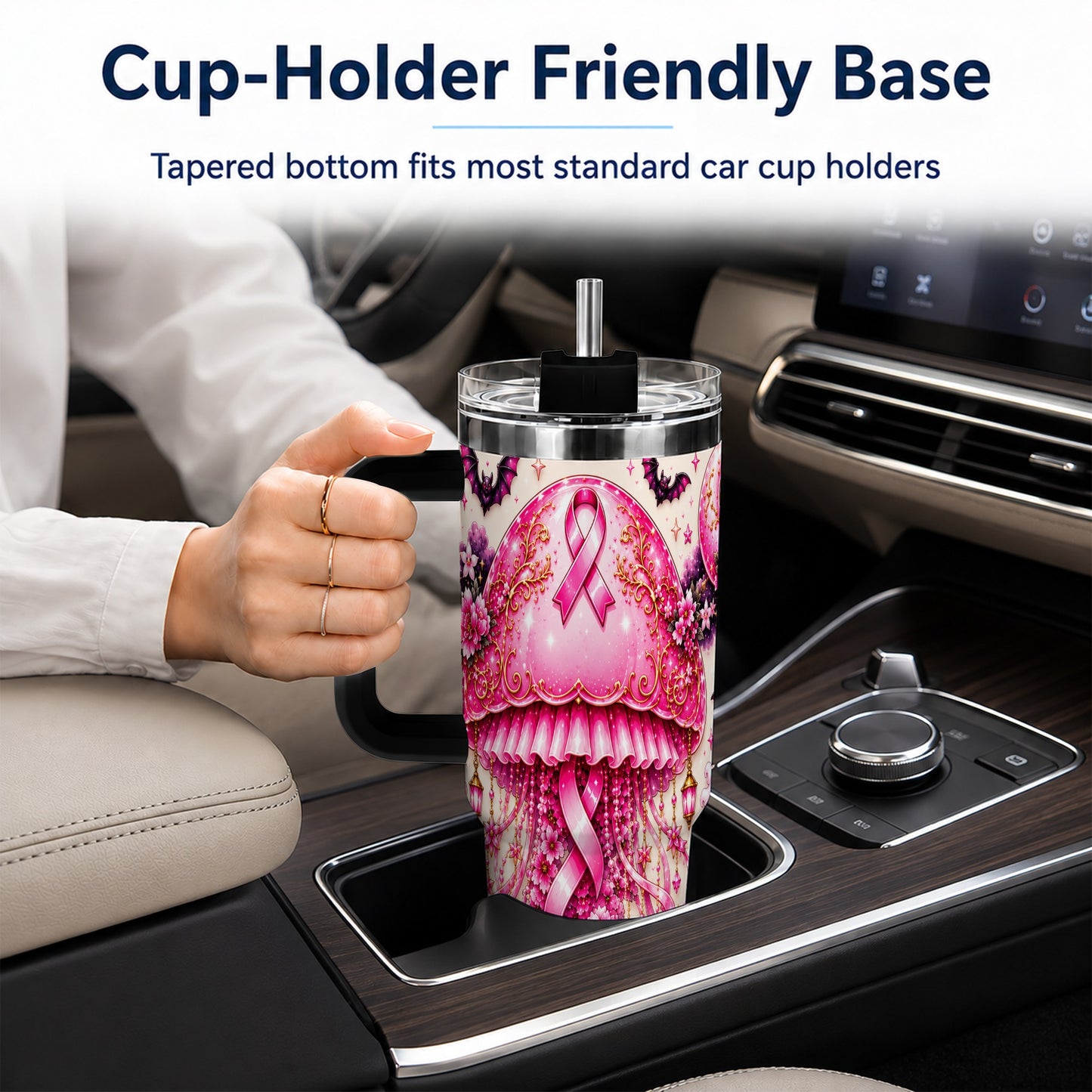 #pl[40oz|Black] Pink Ribbon 40oz Tumbler with Handle, Halloween Stainless Steel Travel Cup