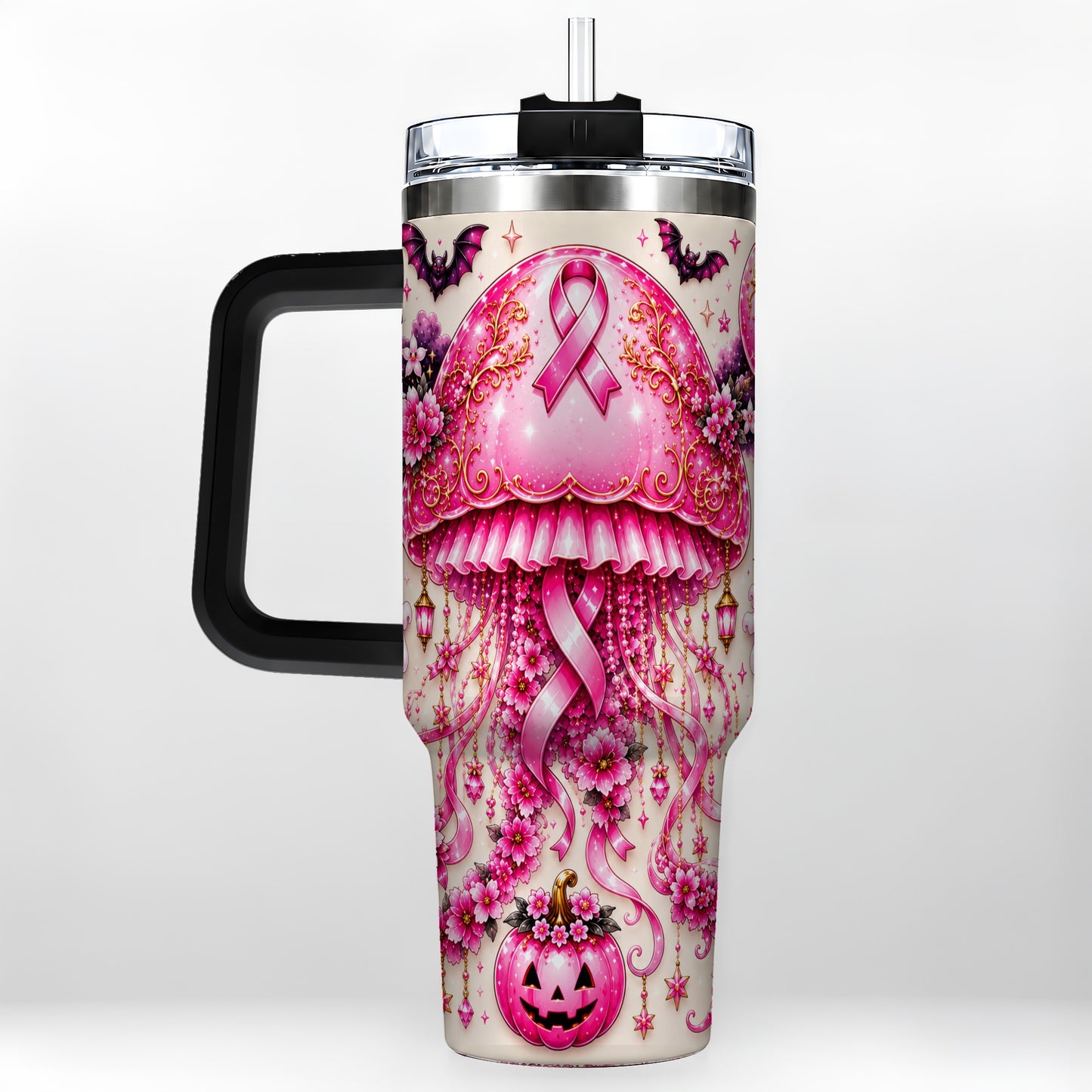#pl[40oz|Black] Pink Ribbon 40oz Tumbler with Handle, Halloween Stainless Steel Travel Cup