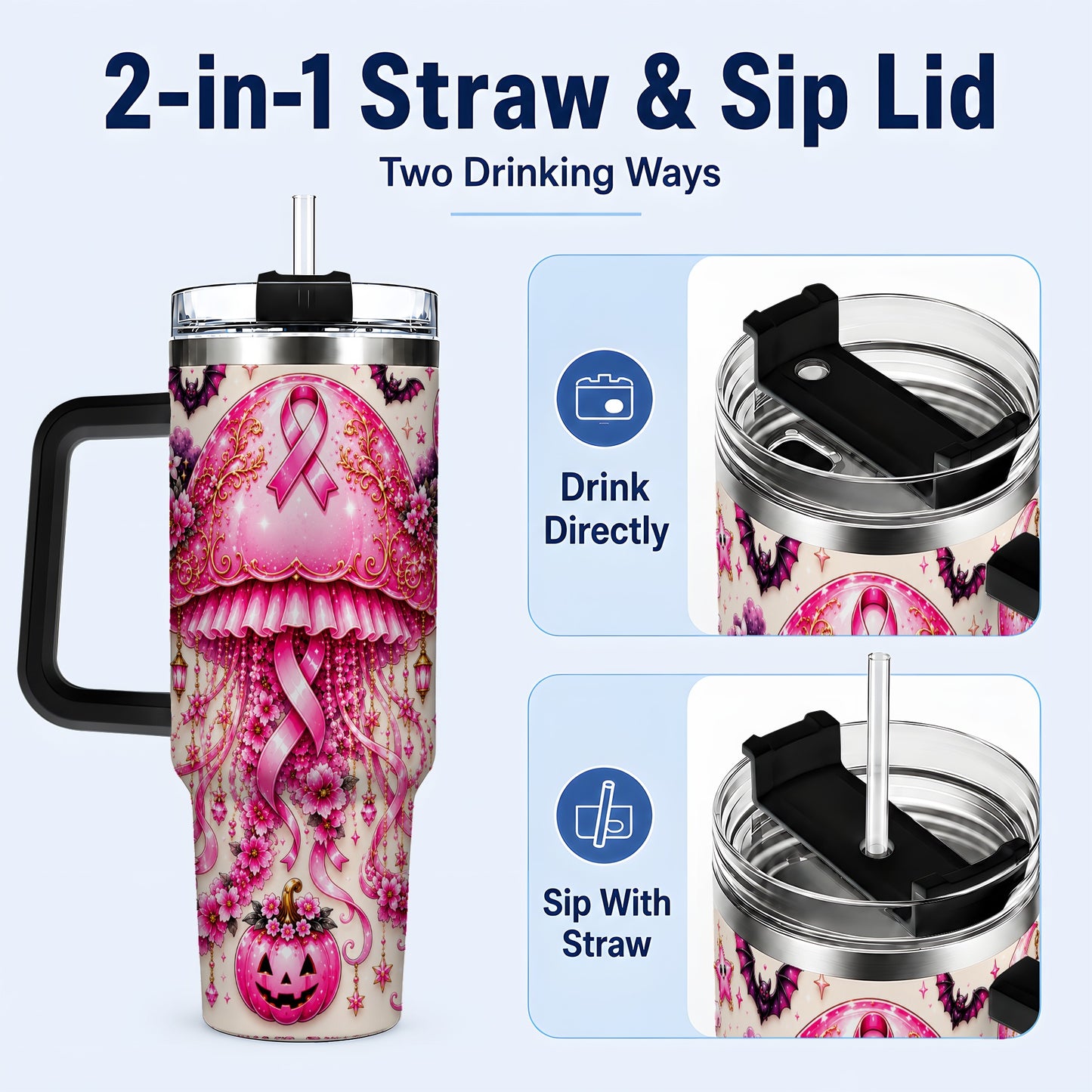 #pl[40oz|Black] Pink Ribbon 40oz Tumbler with Handle, Halloween Stainless Steel Travel Cup