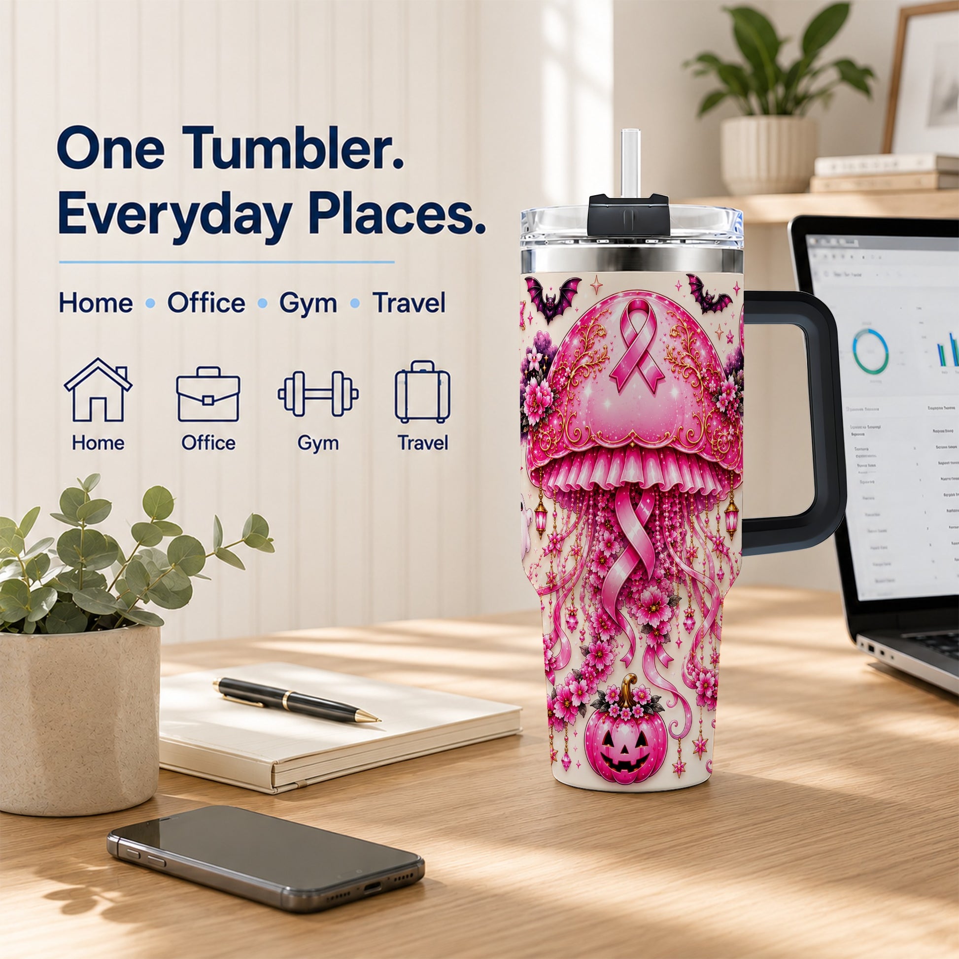 #pl[40oz|Black] Pink Ribbon 40oz Tumbler with Handle, Halloween Stainless Steel Travel Cup