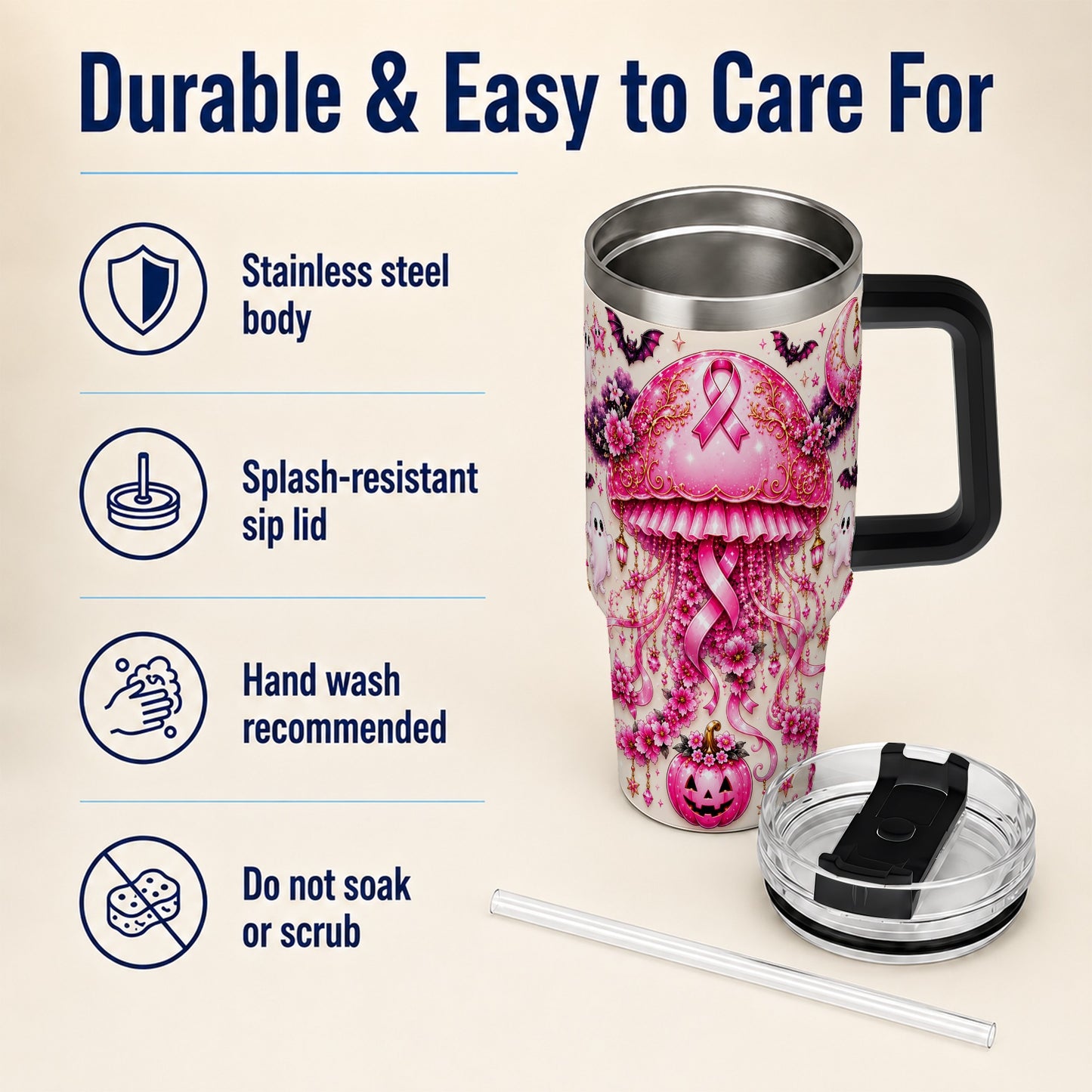 #pl[40oz|Black] Pink Ribbon 40oz Tumbler with Handle, Halloween Stainless Steel Travel Cup