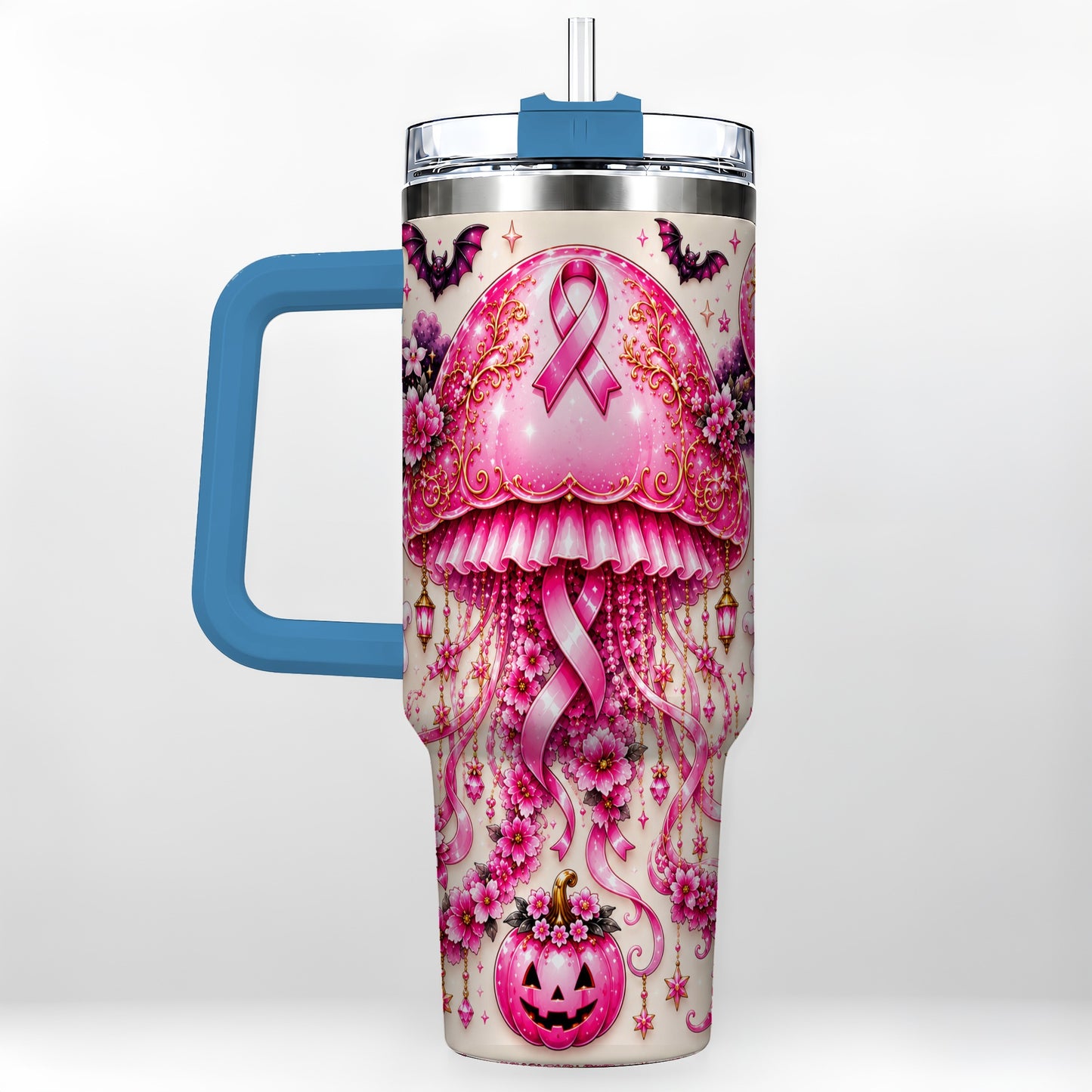 #pl[40oz|Blue] Pink Ribbon 40oz Tumbler with Handle, Halloween Stainless Steel Travel Cup
