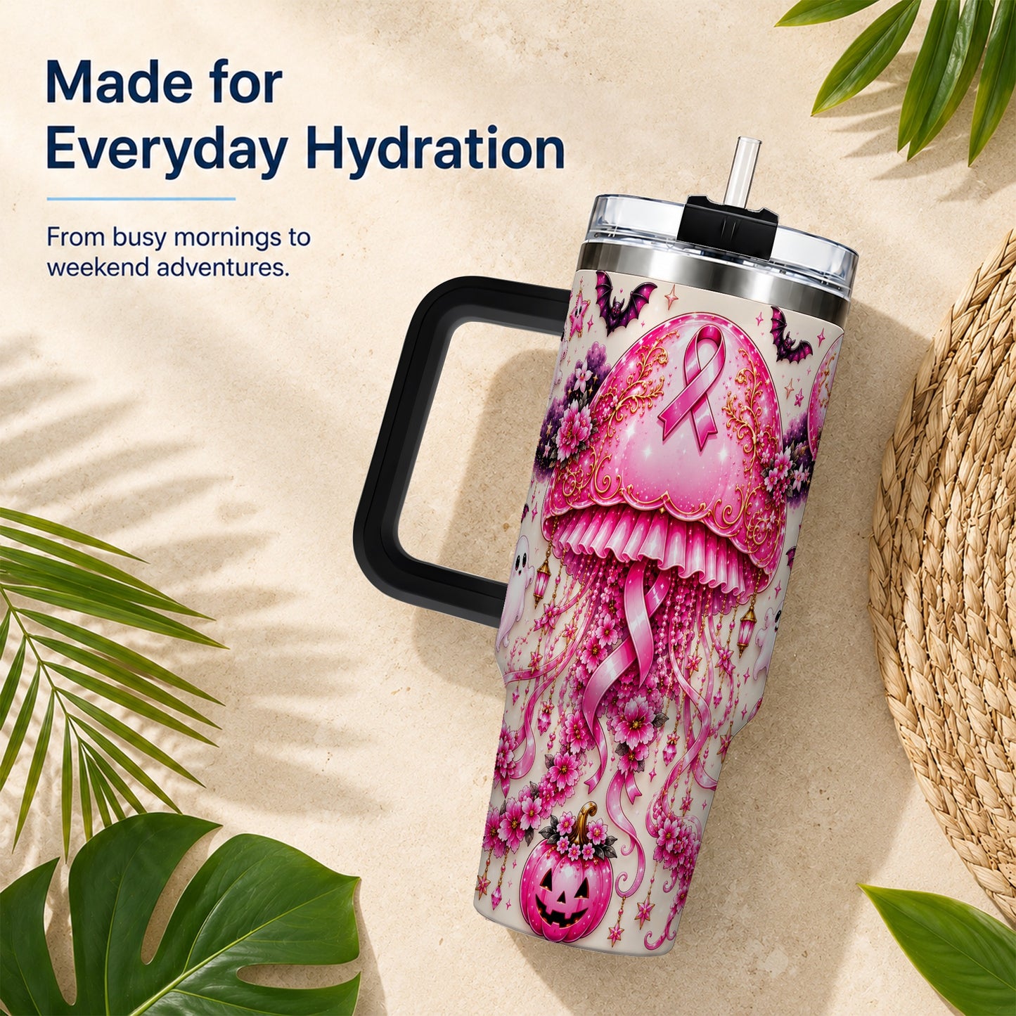 #pl[40oz|Black] Pink Ribbon 40oz Tumbler with Handle, Halloween Stainless Steel Travel Cup